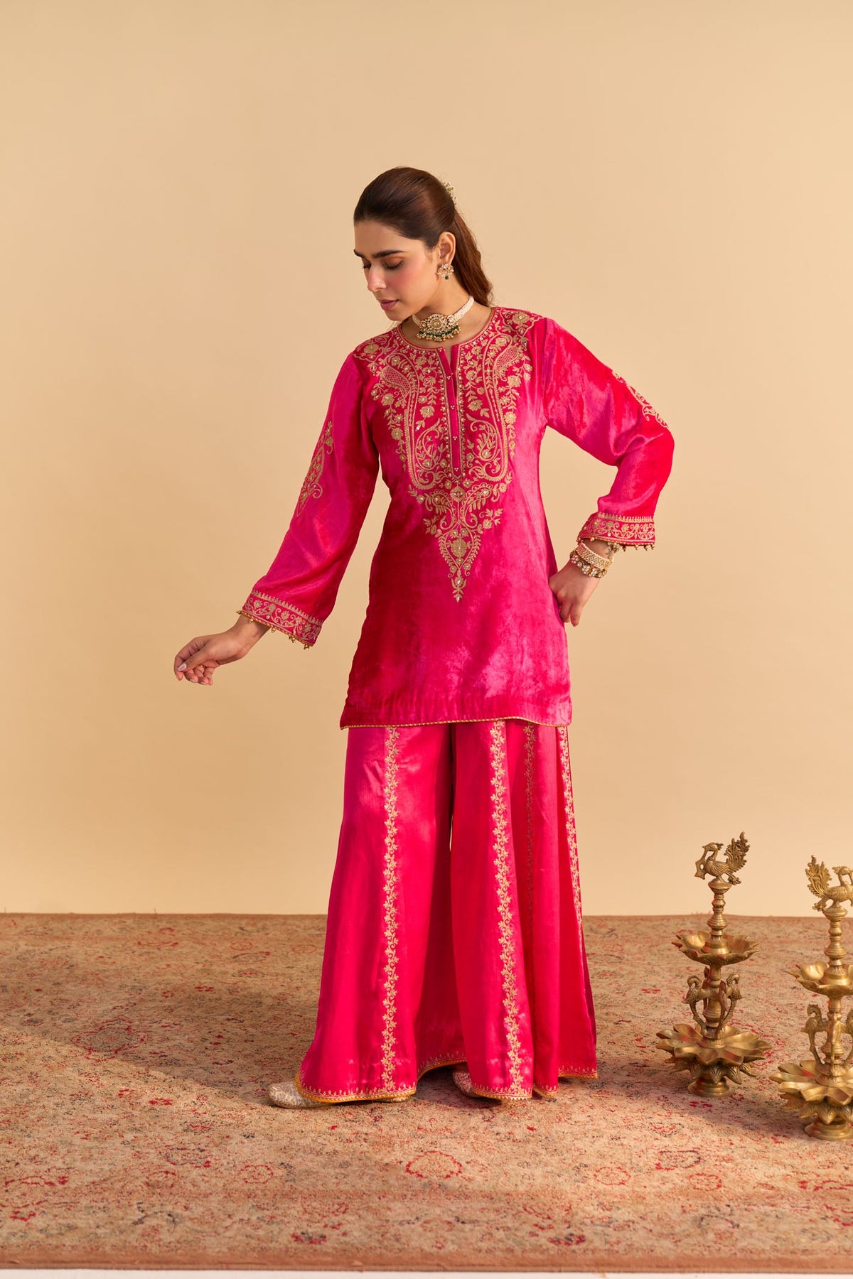 Aroob - Silk Velvet Rani Hotpink Kurta with Sharara and Dupatta