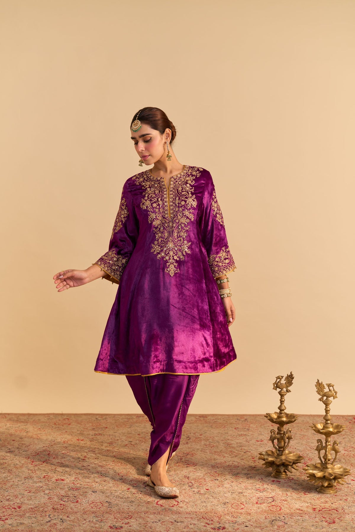 Eira - Silk Velvet Deep Purple A-line Kurta with Dhoti