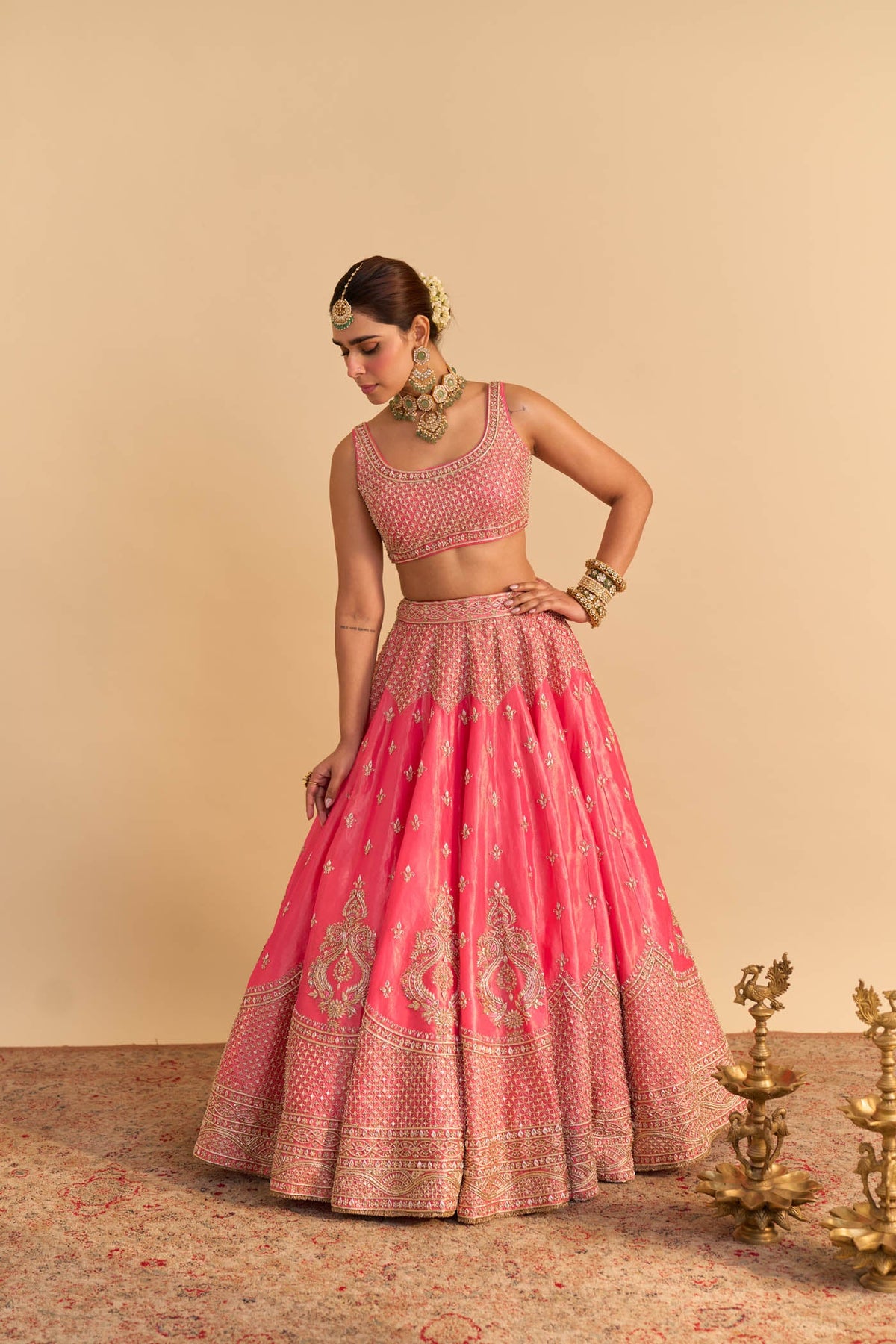 Aashina - Dabka Zardozi Embroidered Pure Tissue Carrot Pink Lehenga Set