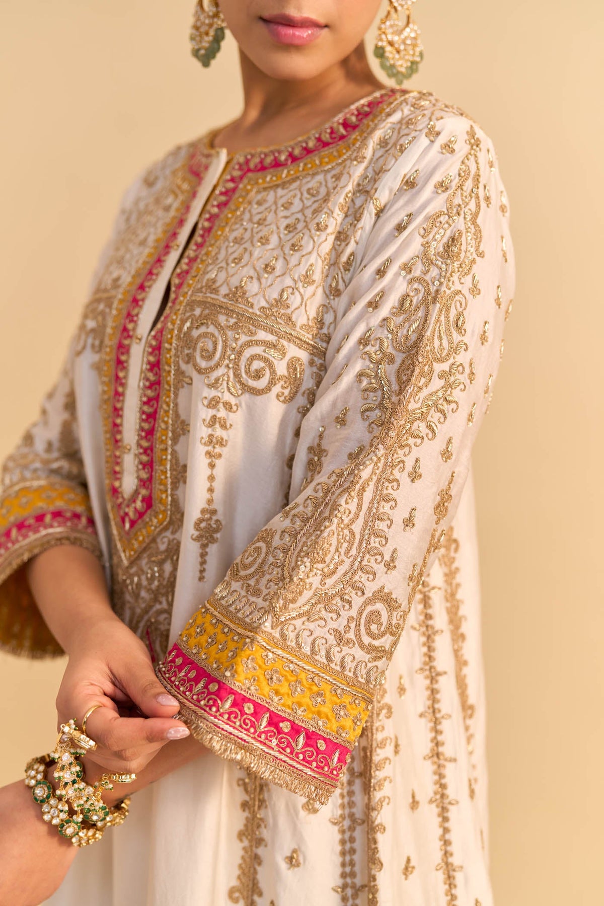 Nargis - Dabka Zardozi Embroidered Kalidaar Daisy Ivory with Heirloom Mustard Long Chauga Set