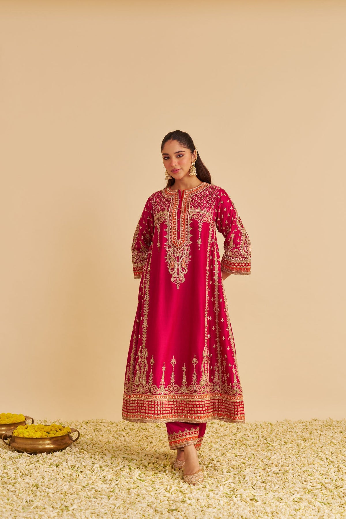 Nargis - Dabka Zardozi Embroidered Rich Banarasi Kalidaar Rani Hotpink Long Chauga Set