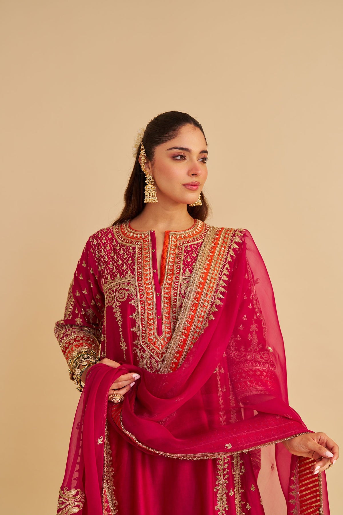 Nargis - Dabka Zardozi Embroidered Rich Banarasi Kalidaar Rani Hotpink Long Chauga Set (LXRTS)