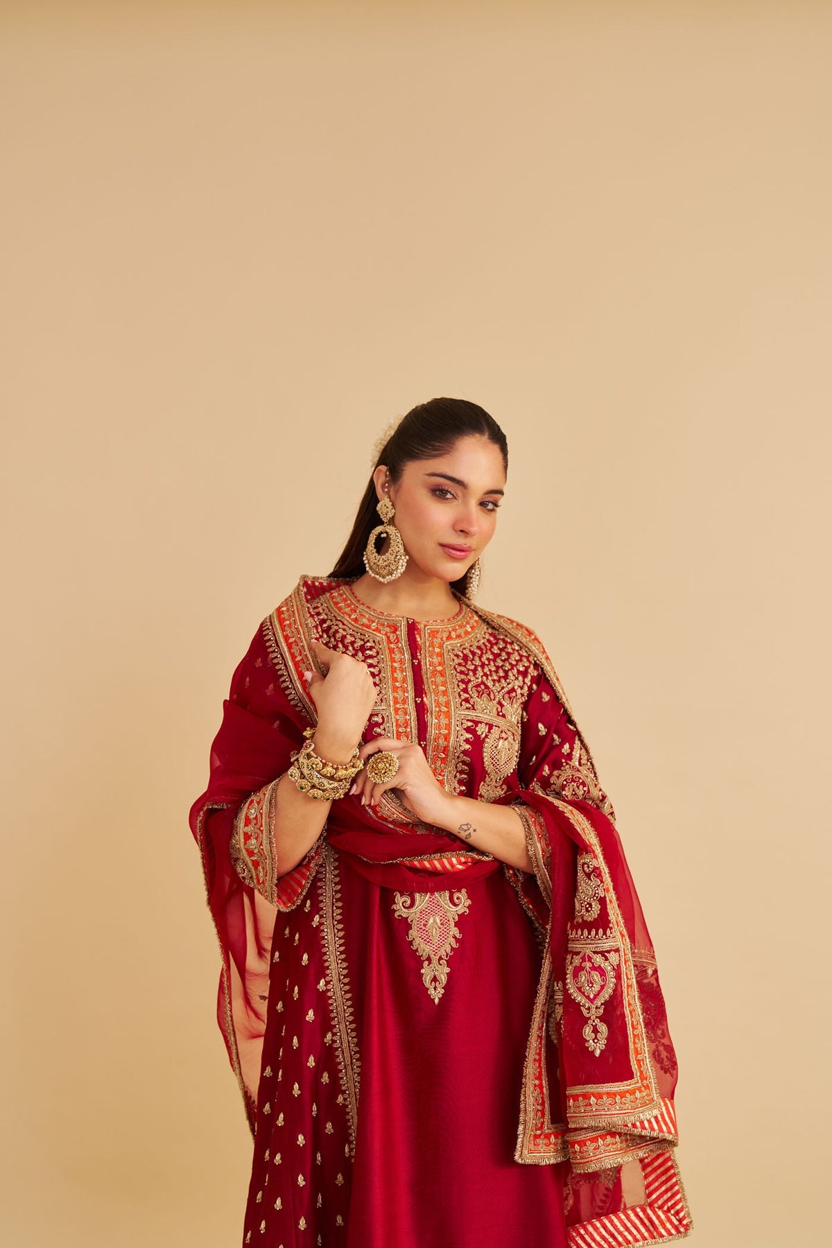 Zoya - Dabka Zardozi Embroidered Rich Banarasi Kalidaar Deep Red Long Chauga Set