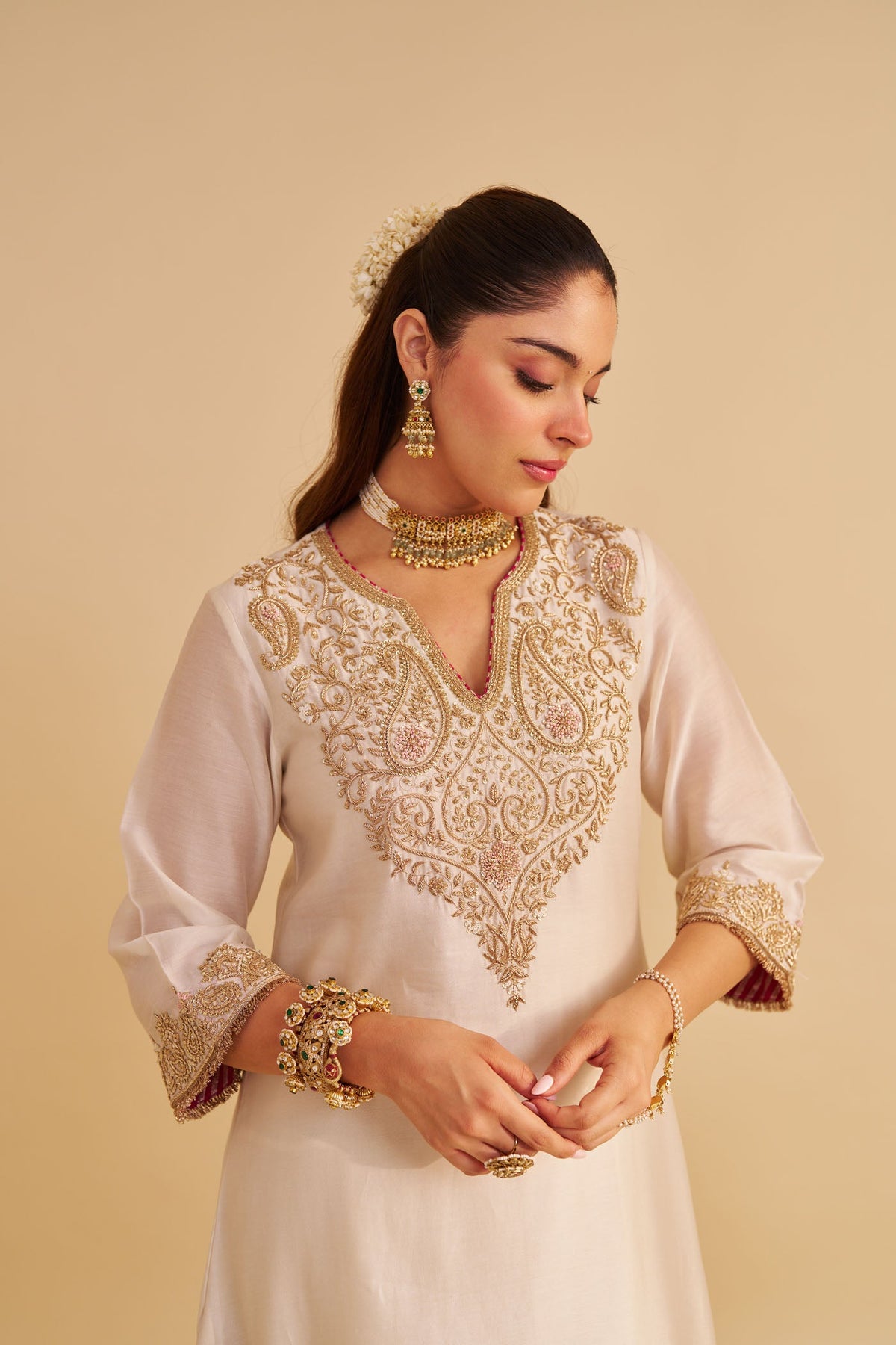 Areefa - Dabka Zardozi Embroidered Rich Banarasi Daisy Ivory Suit & Salwar (Lxrts)