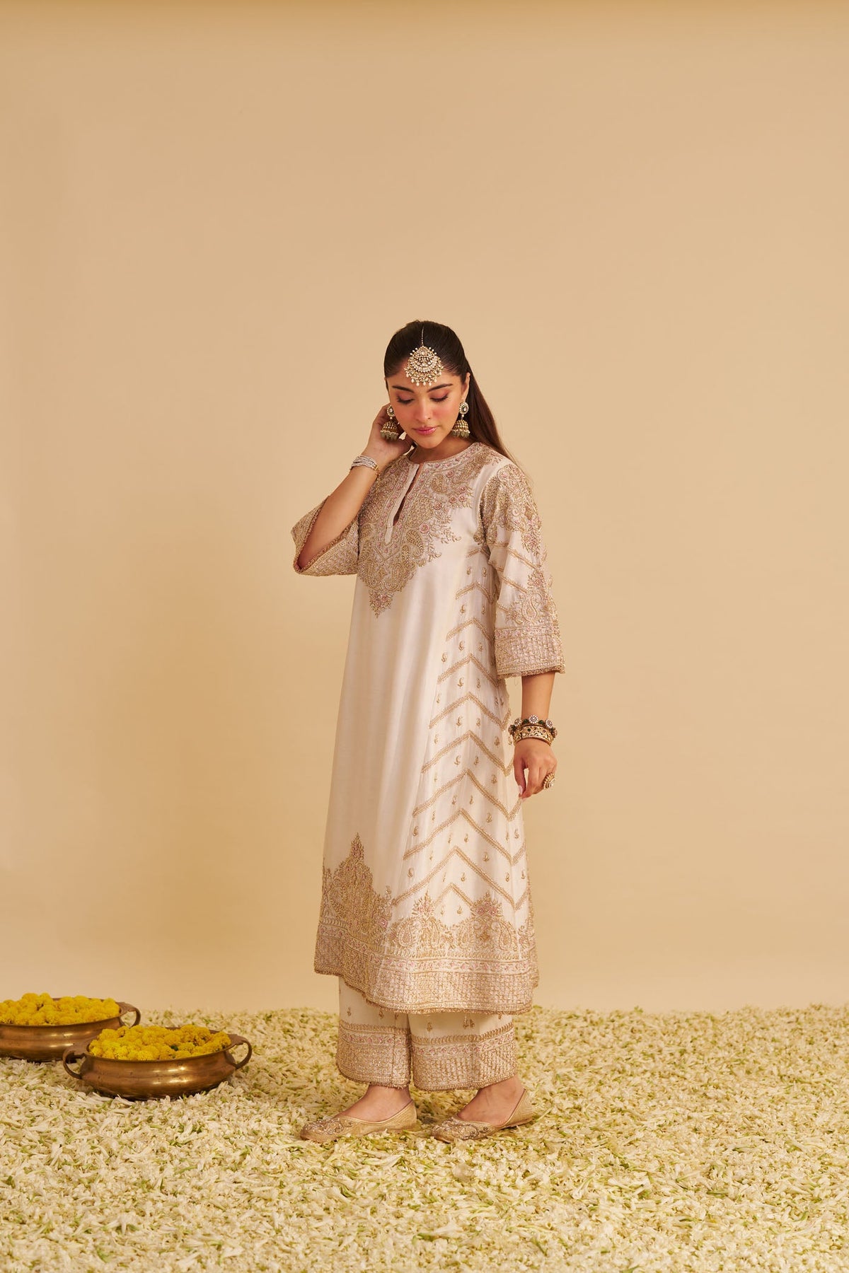 Aqsha - Dabka Zardozi Embroidered Rich Banarasi Daisy Ivory Long Chauga & Palazzo with Dupatta (LXRTS)