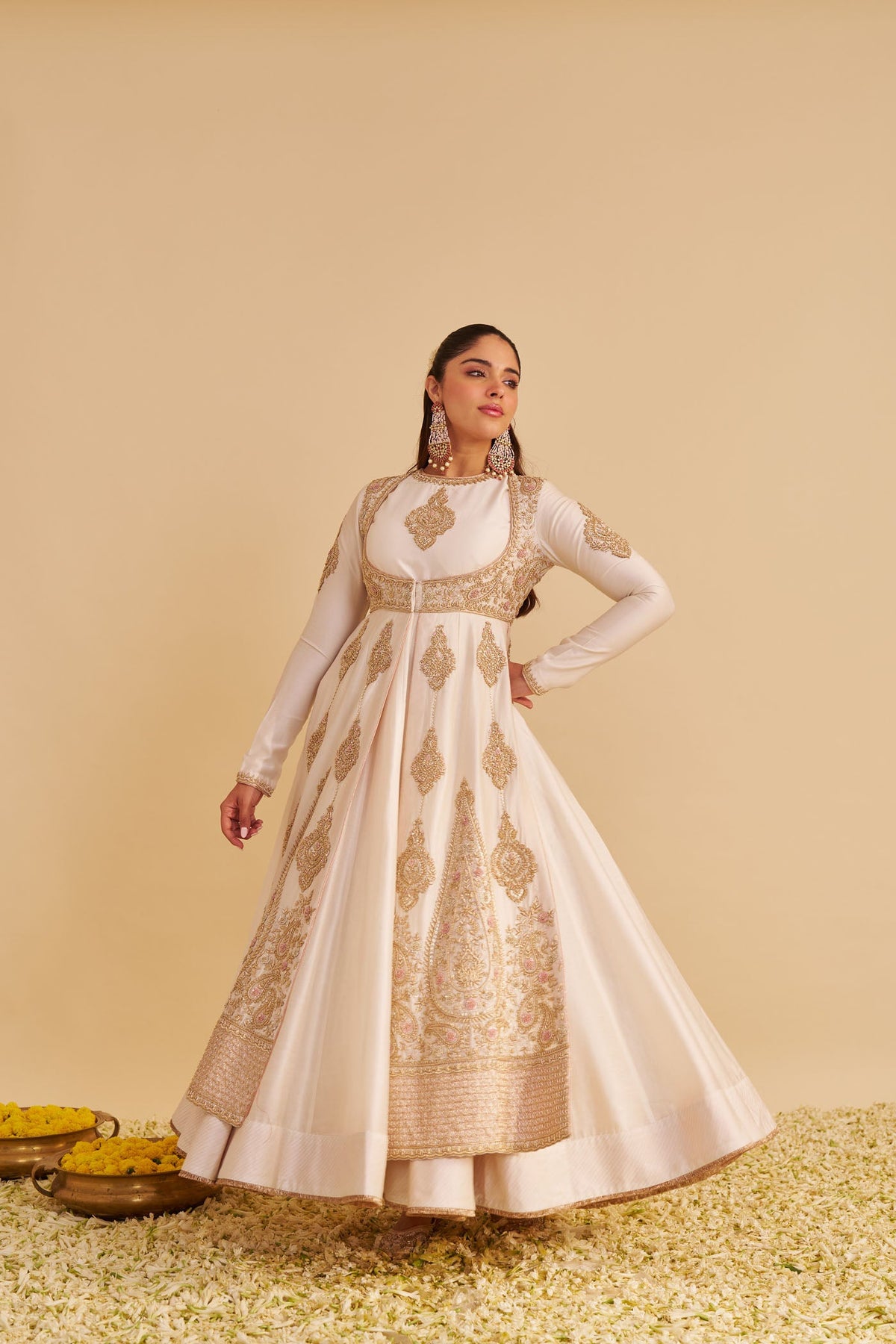 Zainah - Dabka Zardozi Embroidered Silk Daisy Ivory Anarkali Set