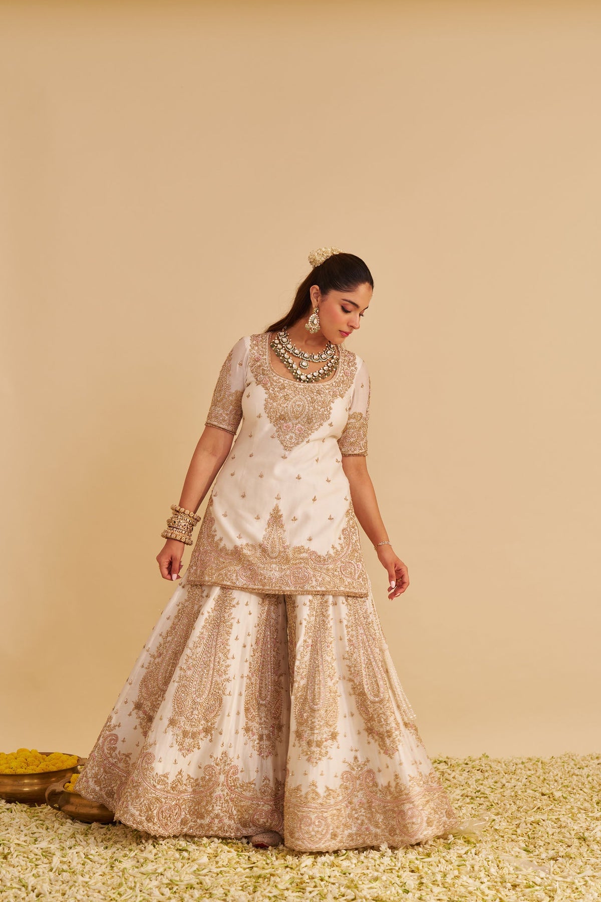 Alina - Dabka Zardozi Embroidered Silk Daisy Ivory Sharara Set (LXRTS)
