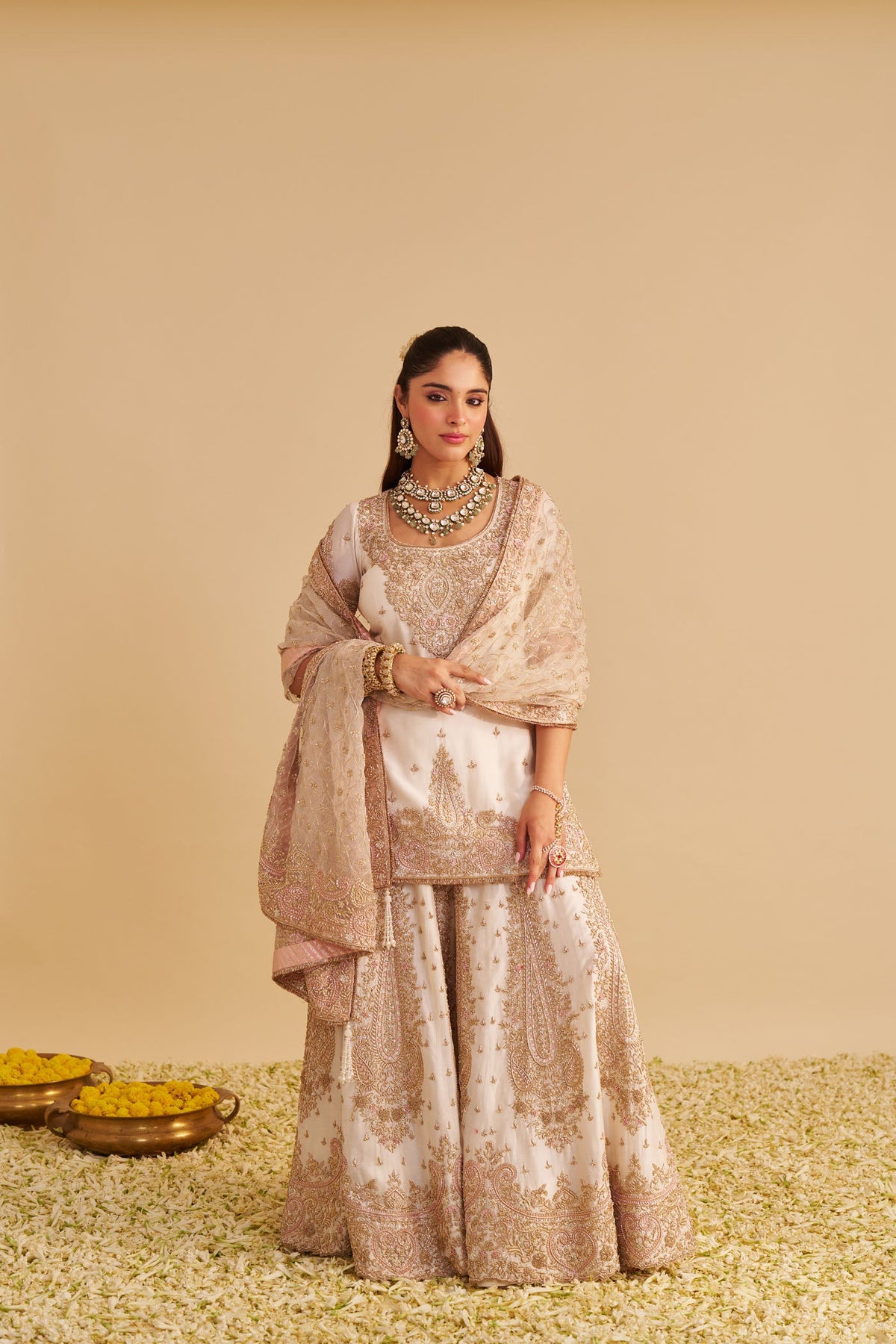 Alina - Dabka Zardozi Embroidered Silk Daisy Ivory Sharara Set (LXRTS)