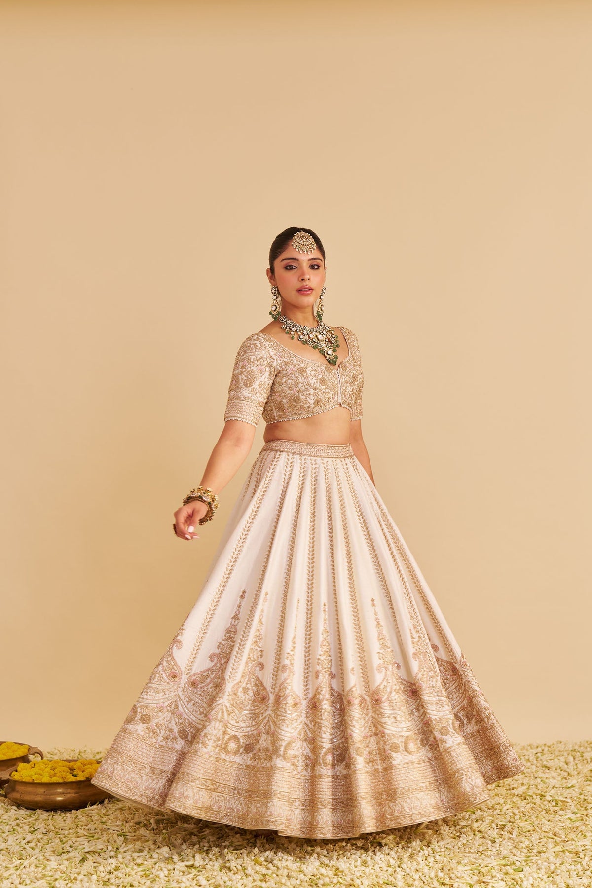 Farah - Dabka Zardozi Embroidered Pure Silk Daisy Ivory Lehenga Set (LXRTS)