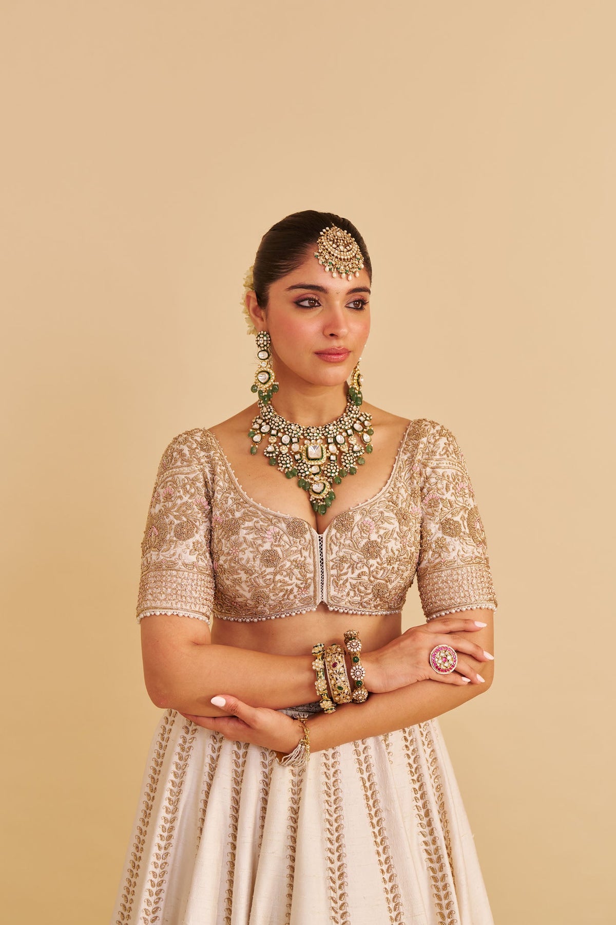 Farah - Dabka Zardozi Embroidered Pure Silk Daisy Ivory Lehenga Set (LXRTS)