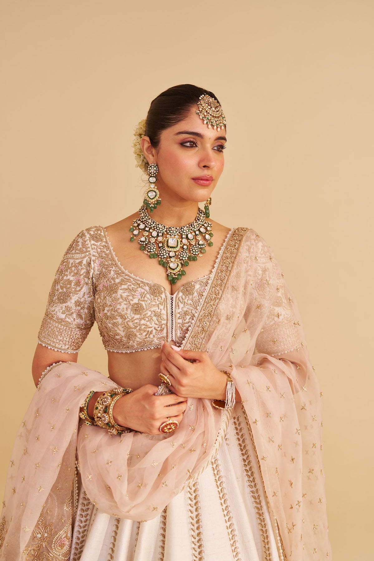 Farah - Dabka Zardozi Embroidered Pure Silk Daisy Ivory Lehenga Set (LXRTS)
