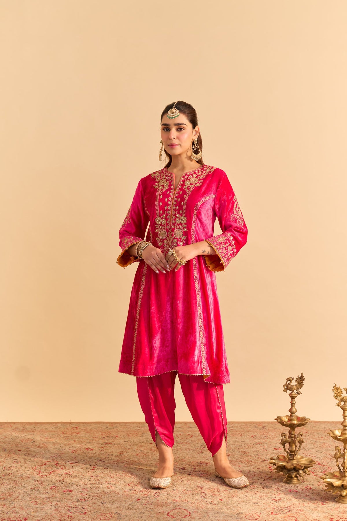 Ziara - Silk Velvet Rani Hotpink Kurta with Dhoti