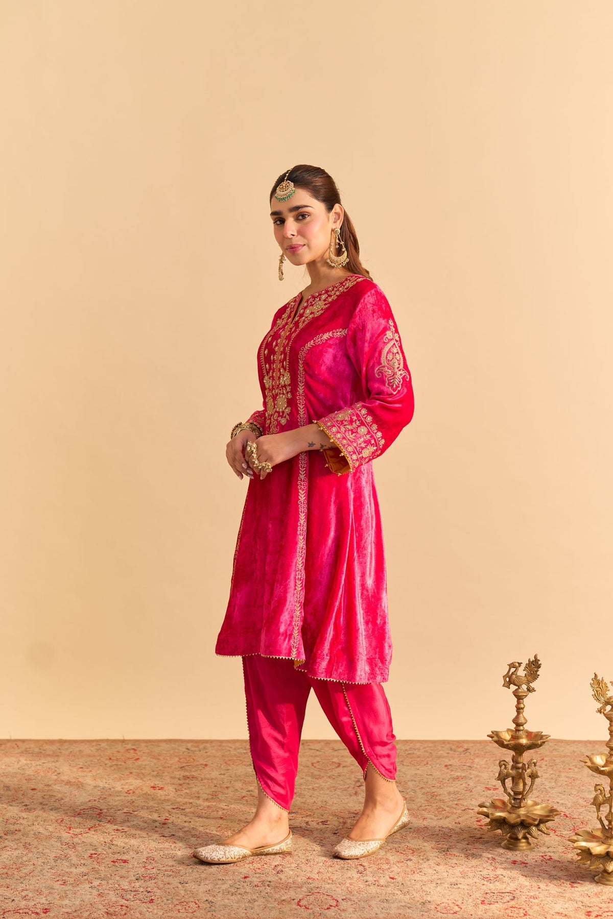 Ziara - Silk Velvet Rani Hotpink Kurta with Dhoti
