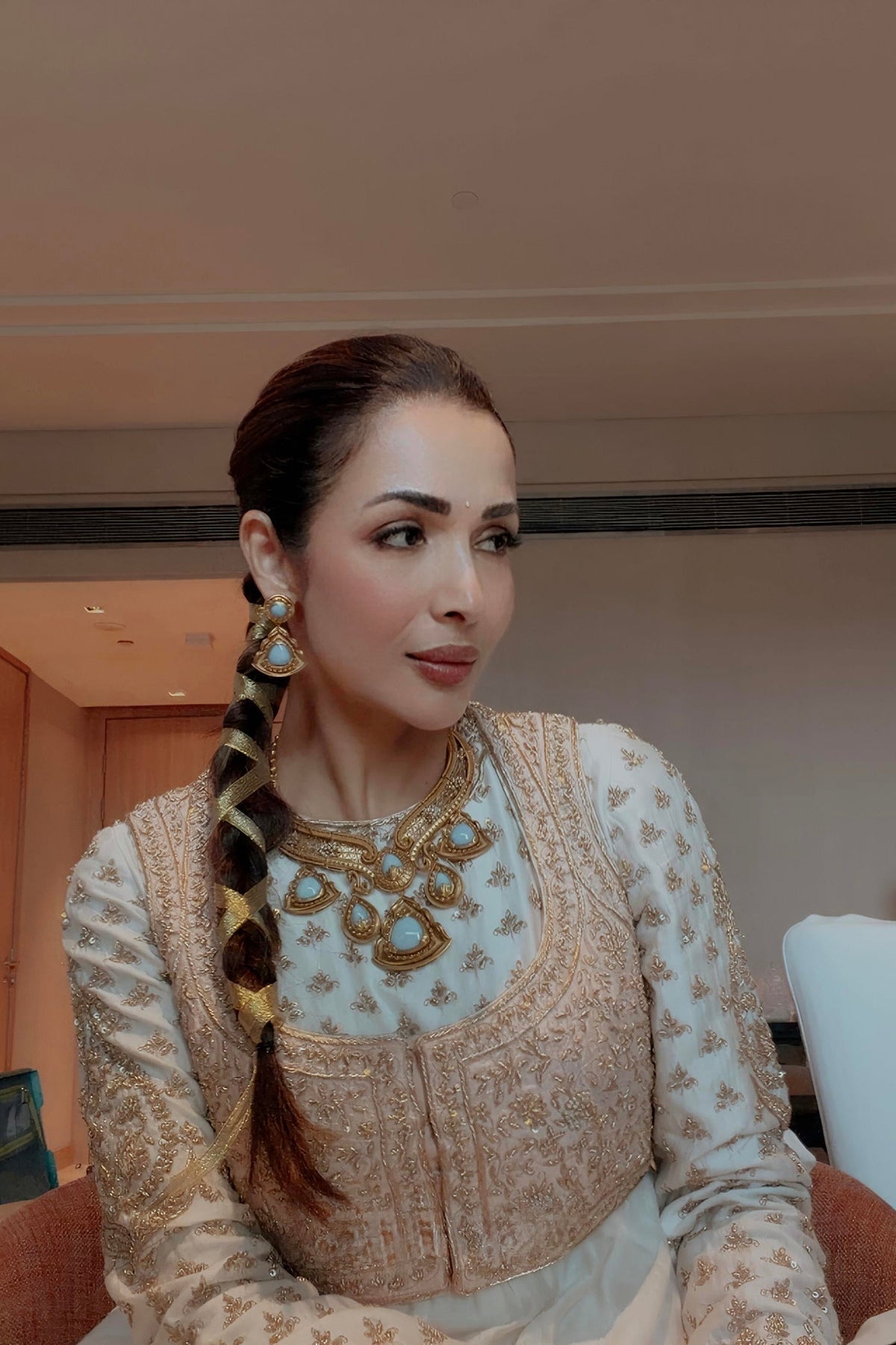 Malaika Arora In Noor - Dabka Zardozi Embroidered Chanderi Silk Daisy Ivory Anarkali Set