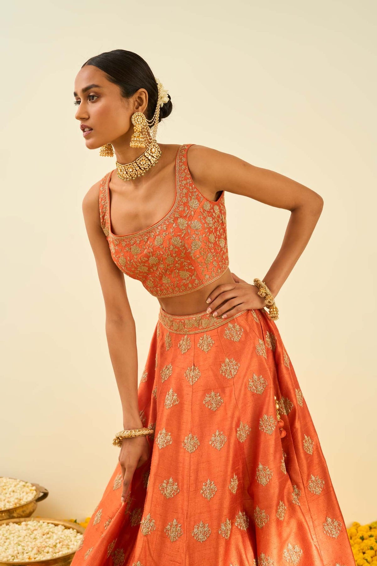 Mahira Burnt Orange Kashmiri tilla lehenga with blouse and dupatta