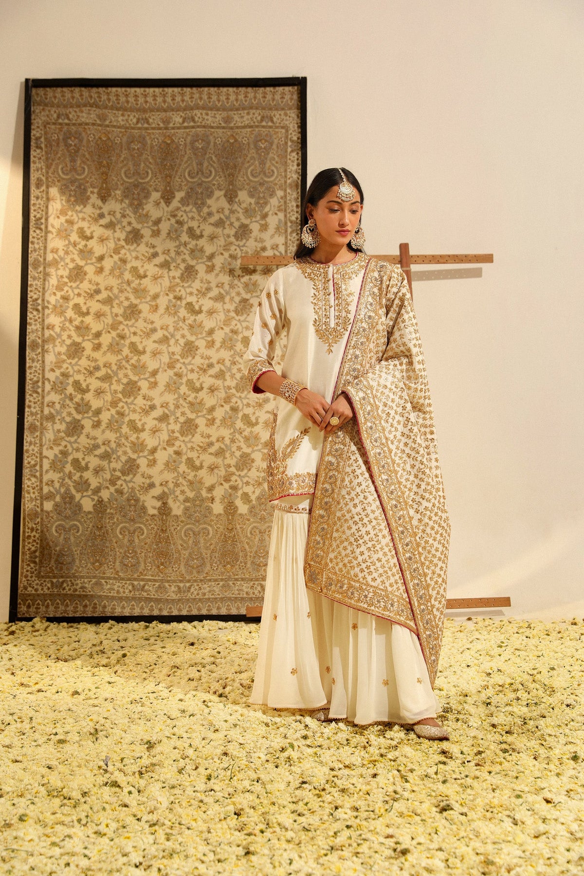 Shamshul - Daisy Ivory Hand Embroidered Kurta with Garara and Odhni
