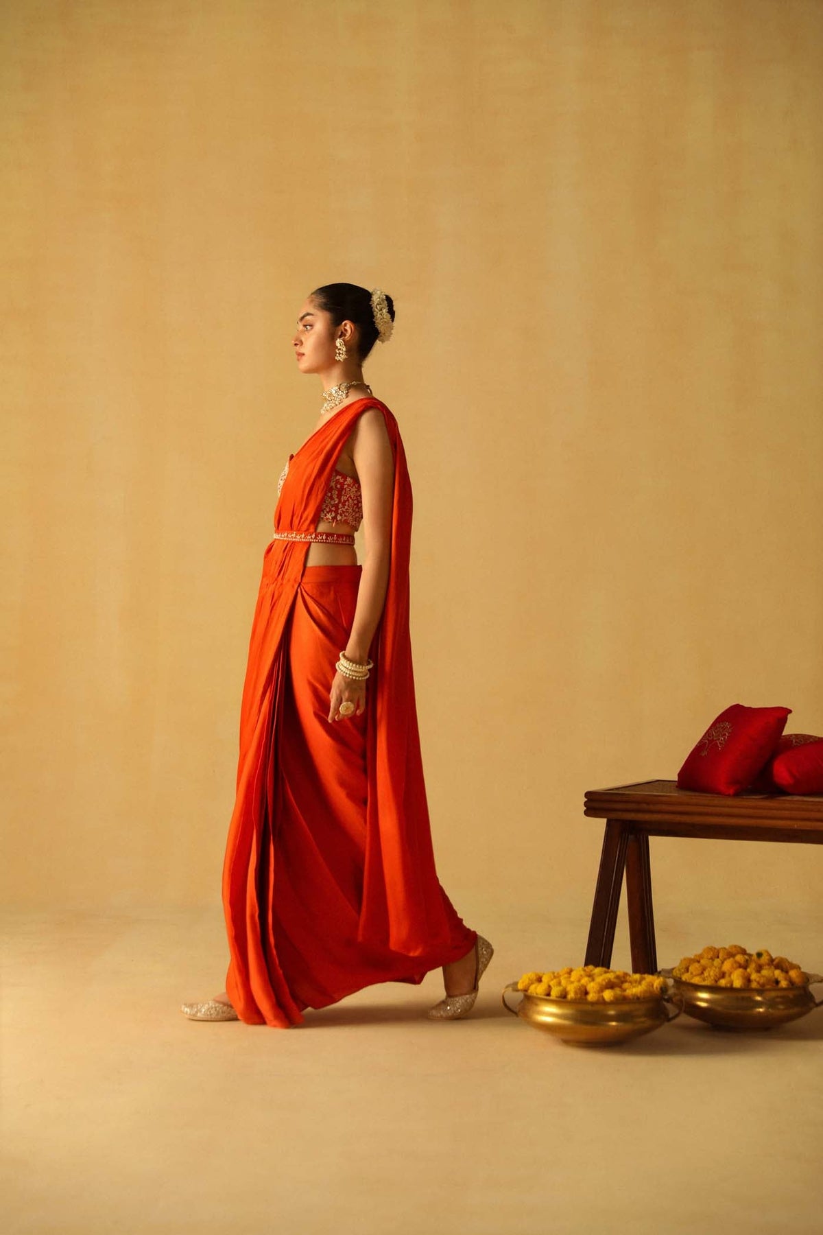 Vedika Mehta In Rumaan - Burnt Orange Drape Saree Set