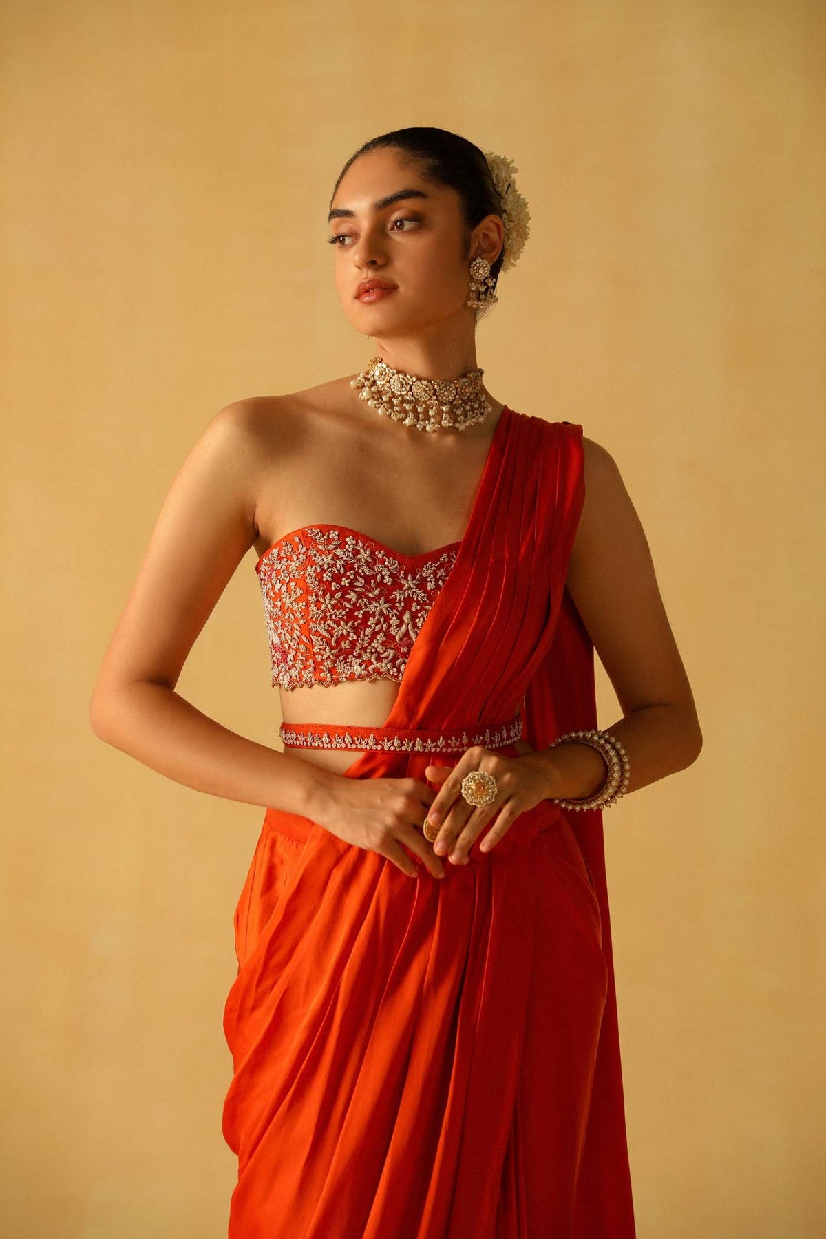 Vedika Mehta In Rumaan - Burnt Orange Drape Saree Set