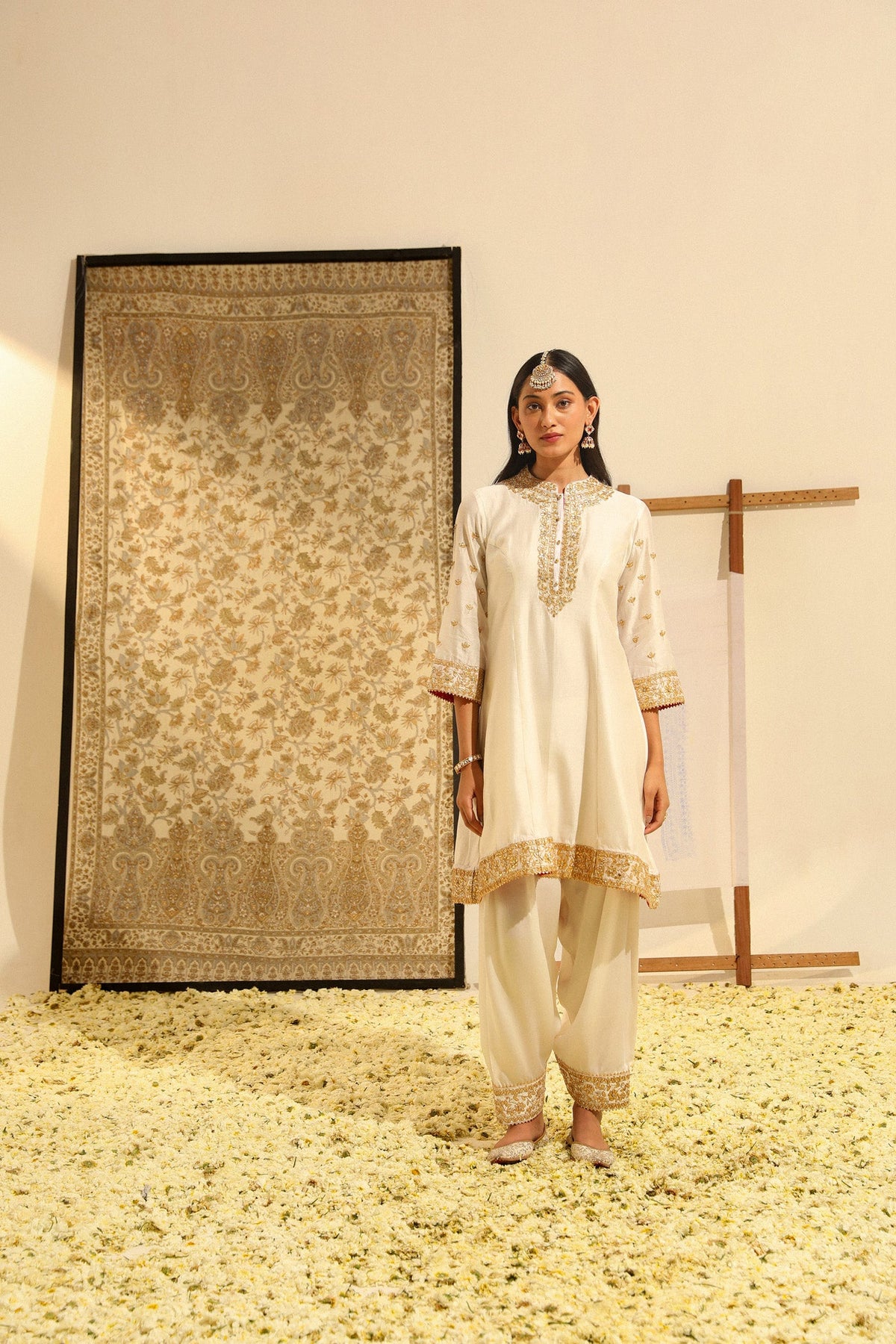 Intezaar - Daisy Ivory Hand Embroidered Short A-line kurta with Salwar and dupatta