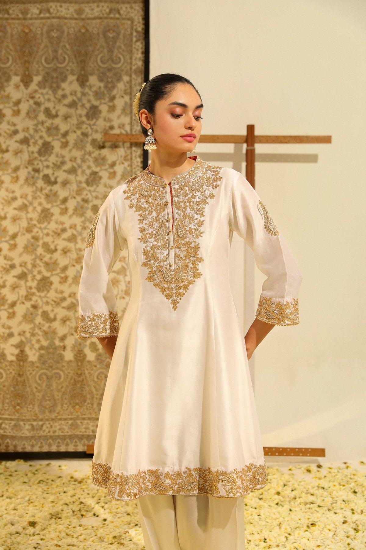 Rajak - Daisy Ivory Hand Embroidered Short A-line kurta with Salwar and dupatta