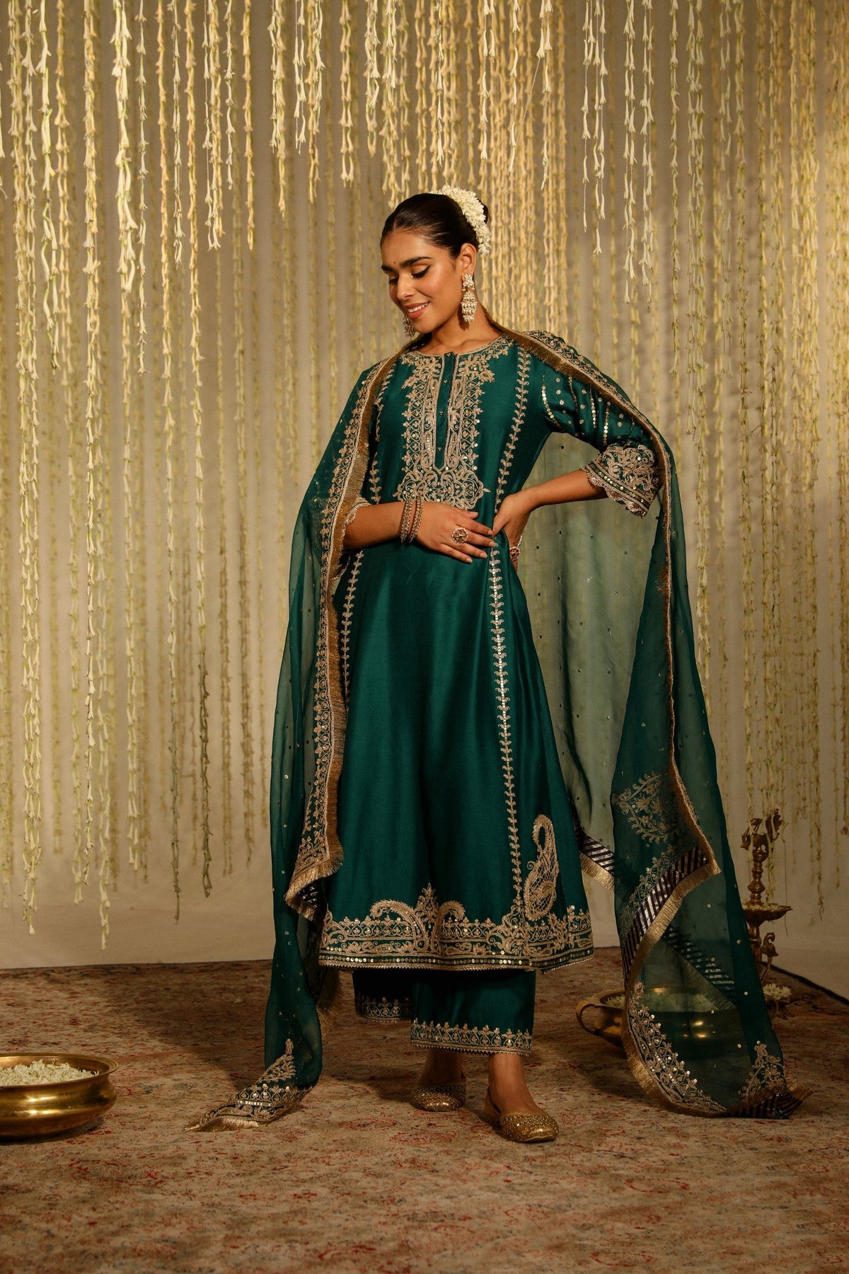 SABIRAH - EMERALD GREEN LONG KURTA WITH PALAZZO AND DUPATTA (LXRTS)