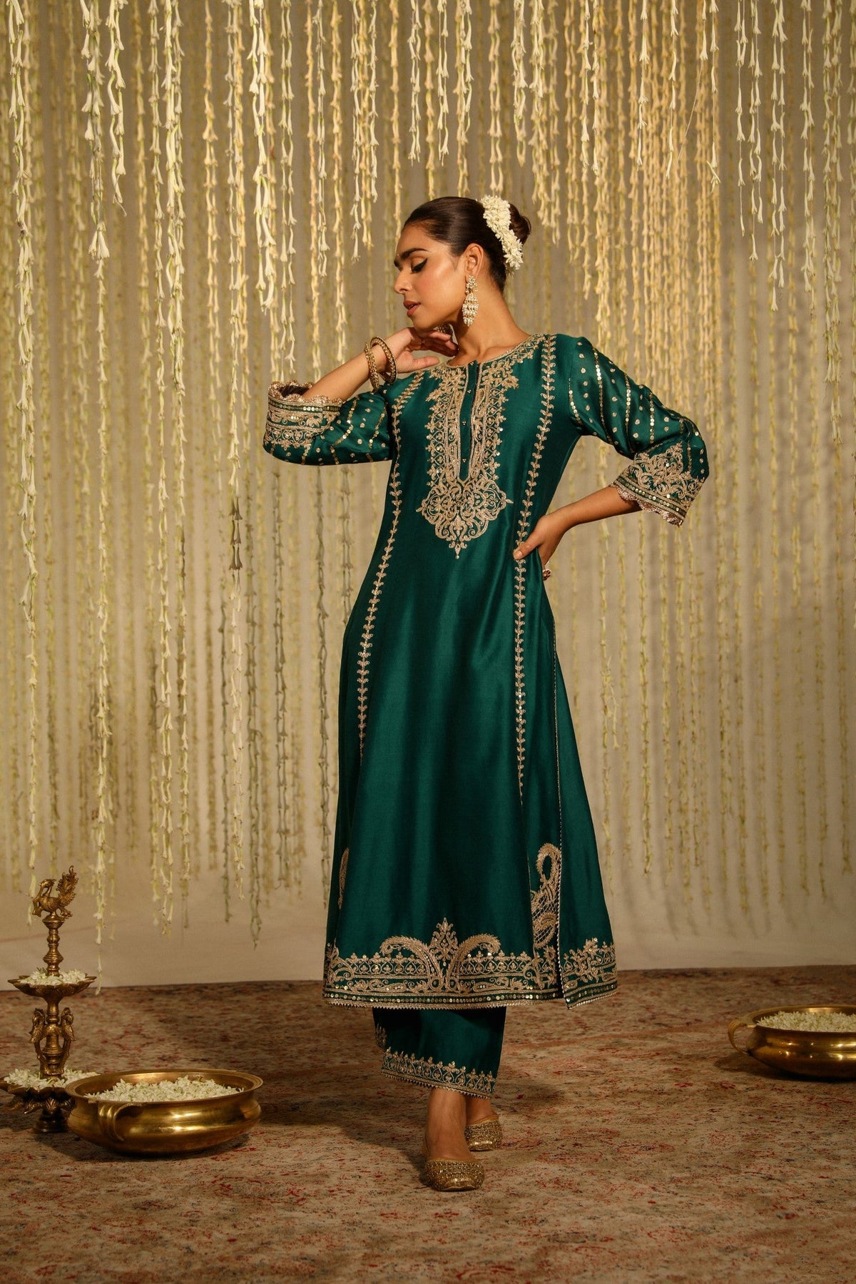 SONAKSHI SINHA IN SABIRAH - EMERALD GREEN LONG KURTA WITH PALAZZO AND DUPATTA