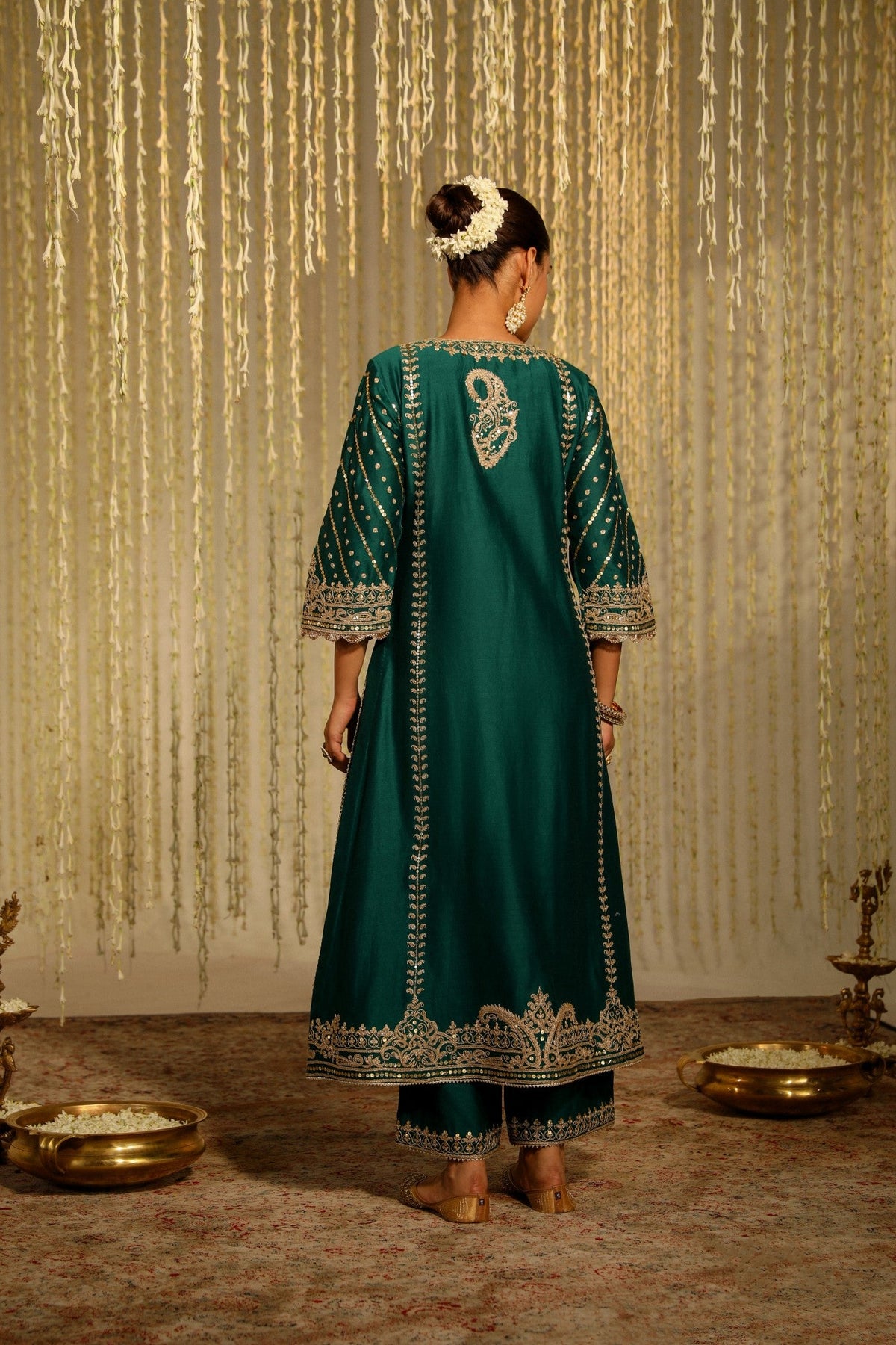 SABIRAH - EMERALD GREEN LONG KURTA WITH PALAZZO AND DUPATTA