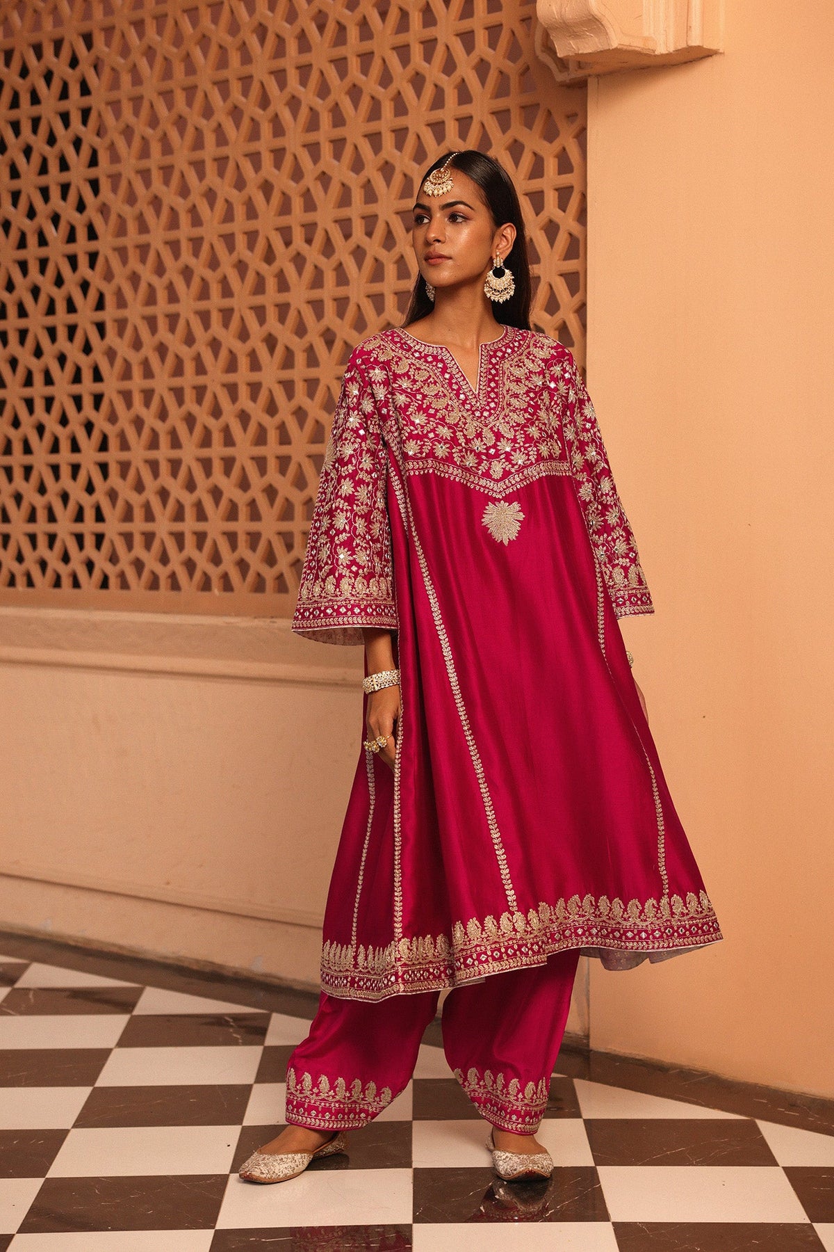 Aiman - Rani Hotpink Short Knee Length Choga with Salwar
