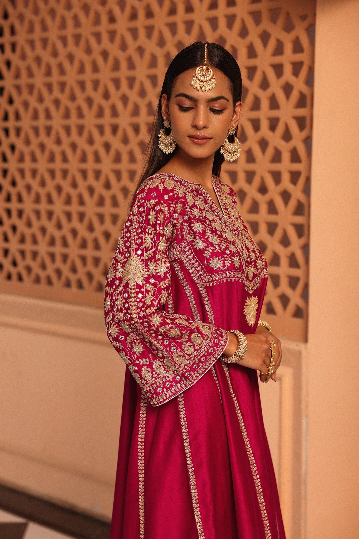 Aiman - Rani Hotpink Short Knee Length Choga with Salwar and Khada Dupatta