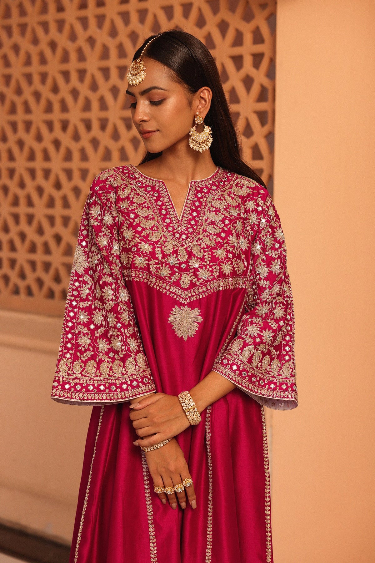 Aiman - Rani Hotpink Short Knee Length Choga with Salwar and Khada Dupatta