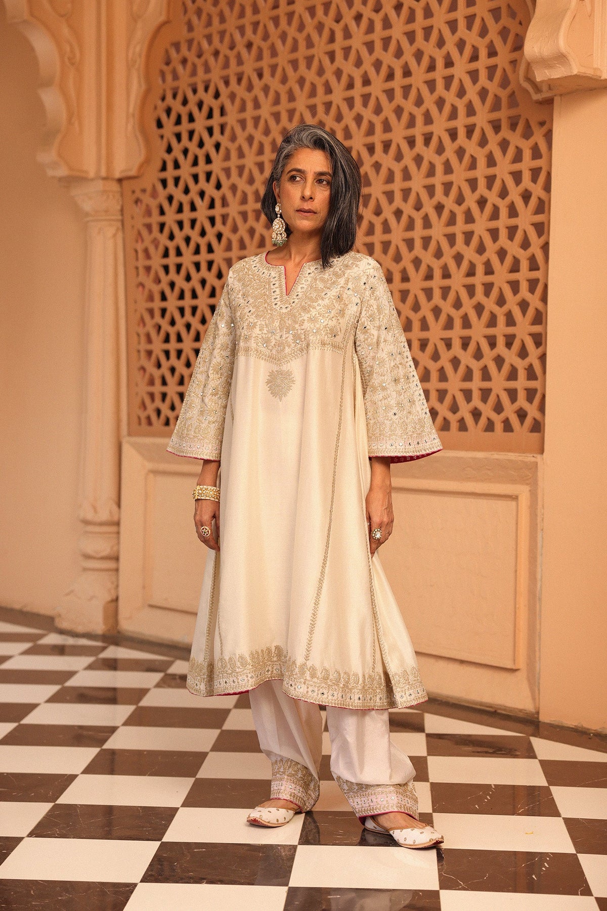 Aiman - Daisy Ivory Short Knee Length Choga with Salwar
