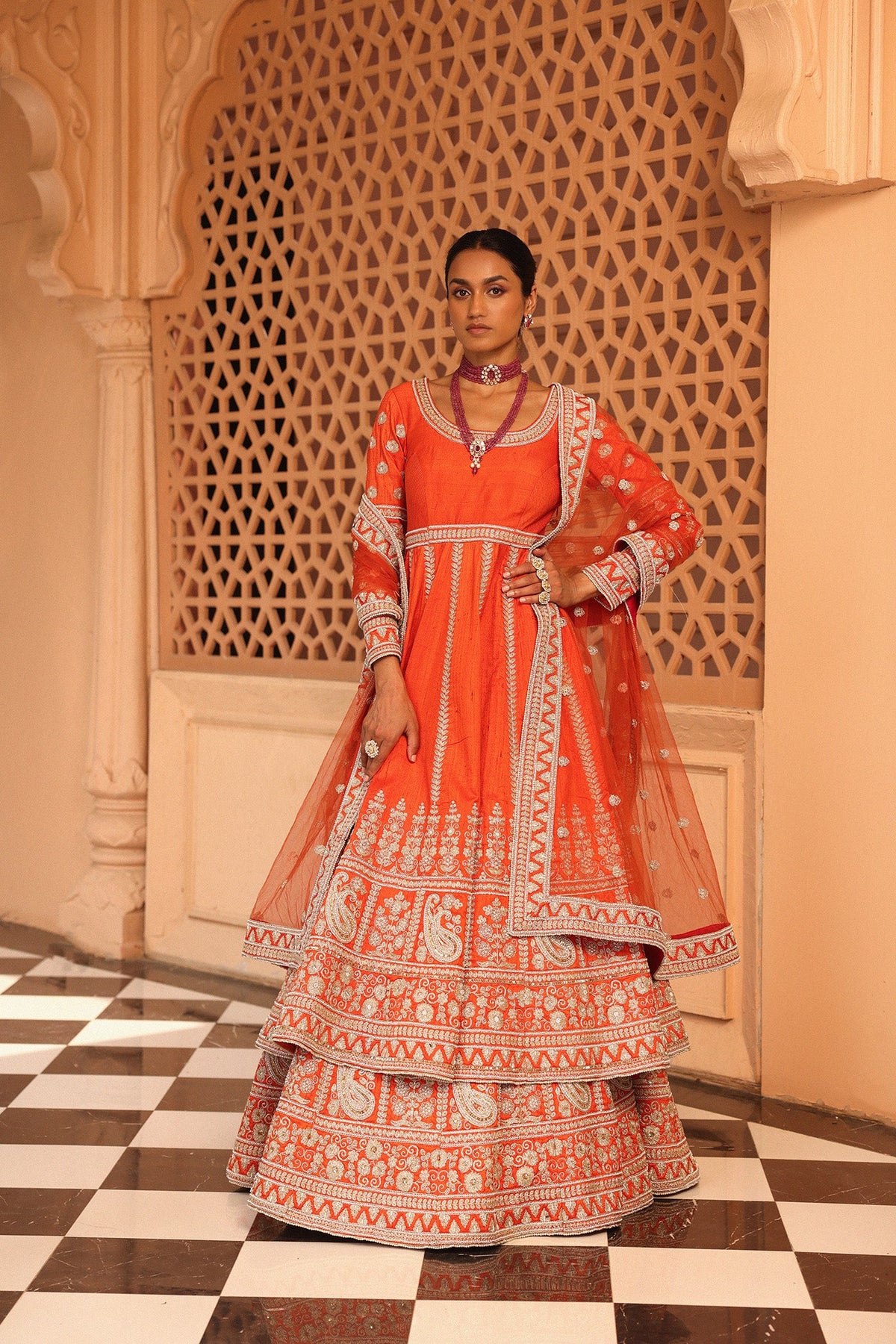 Sara Kukreja In Mariyah - Orange Anarkali with Lehenga and Dupatta