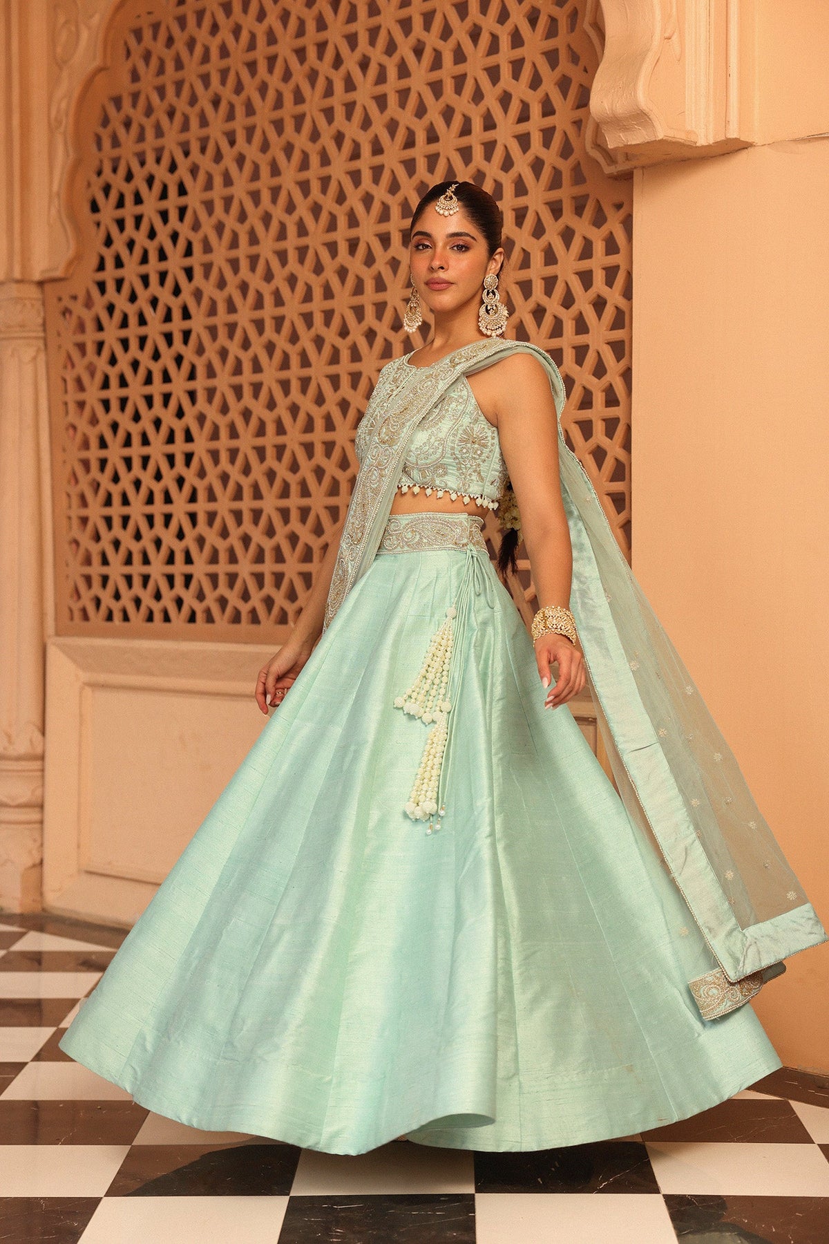 Afsa - Misty Green Lehenga with Blouse and Dupatta