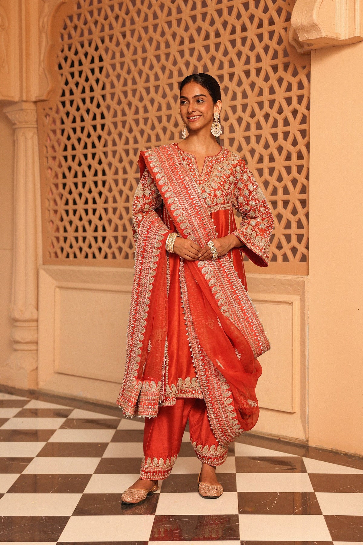 Aiman - Burnt Orange Short Knee Length Choga with Salwar and Khada Dupatta