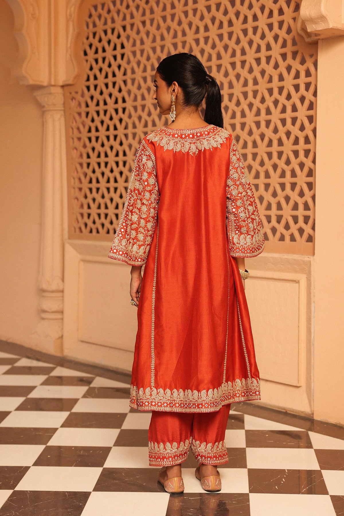 Aiman - Burnt Orange Short Knee Length Choga with Salwar and Khada Dupatta