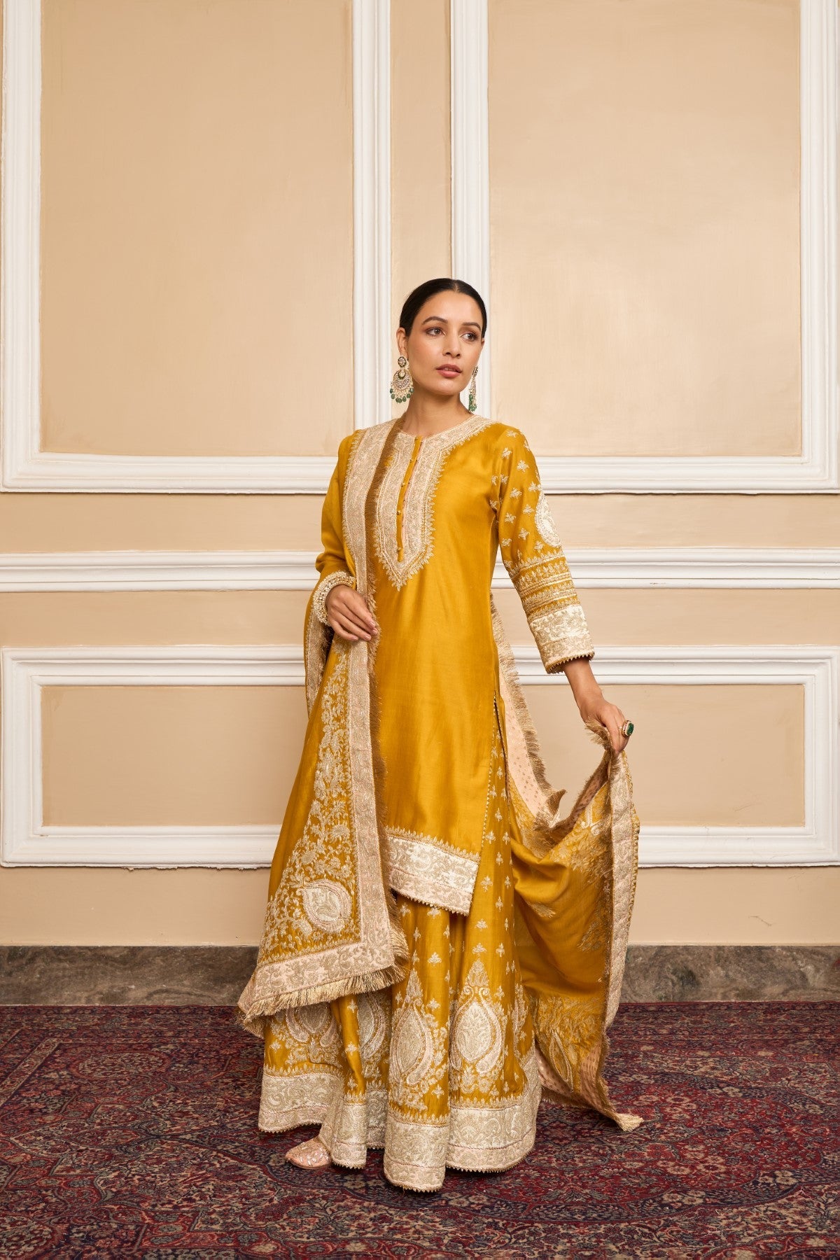 Aashi Wadhwa In RAINA - Glaze Mustard SHORT KURTA WITH SHARARA AND ODHNI