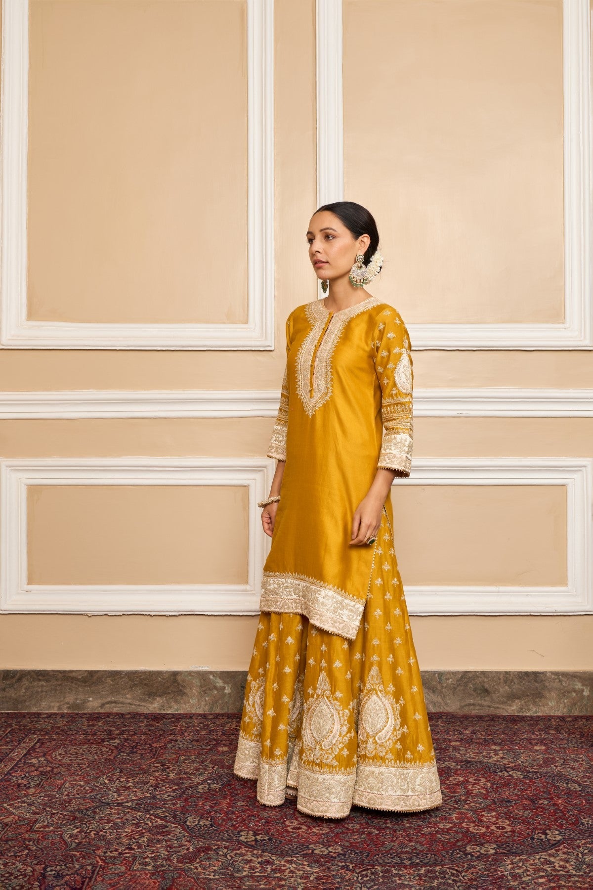 Alisha Pekha In RAINA - Glaze Mustard SHORT KURTA WITH SHARARA AND ODHNI