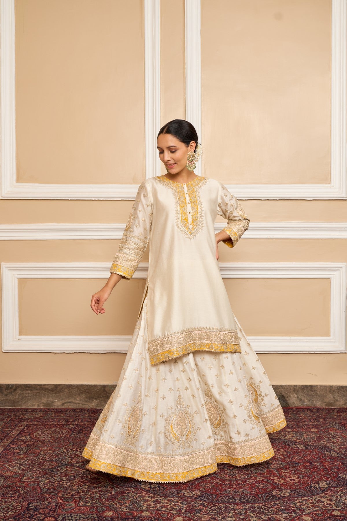 RAINA - DAISY IVORY SHORT KURTA WITH SHARARA AND ODHNI