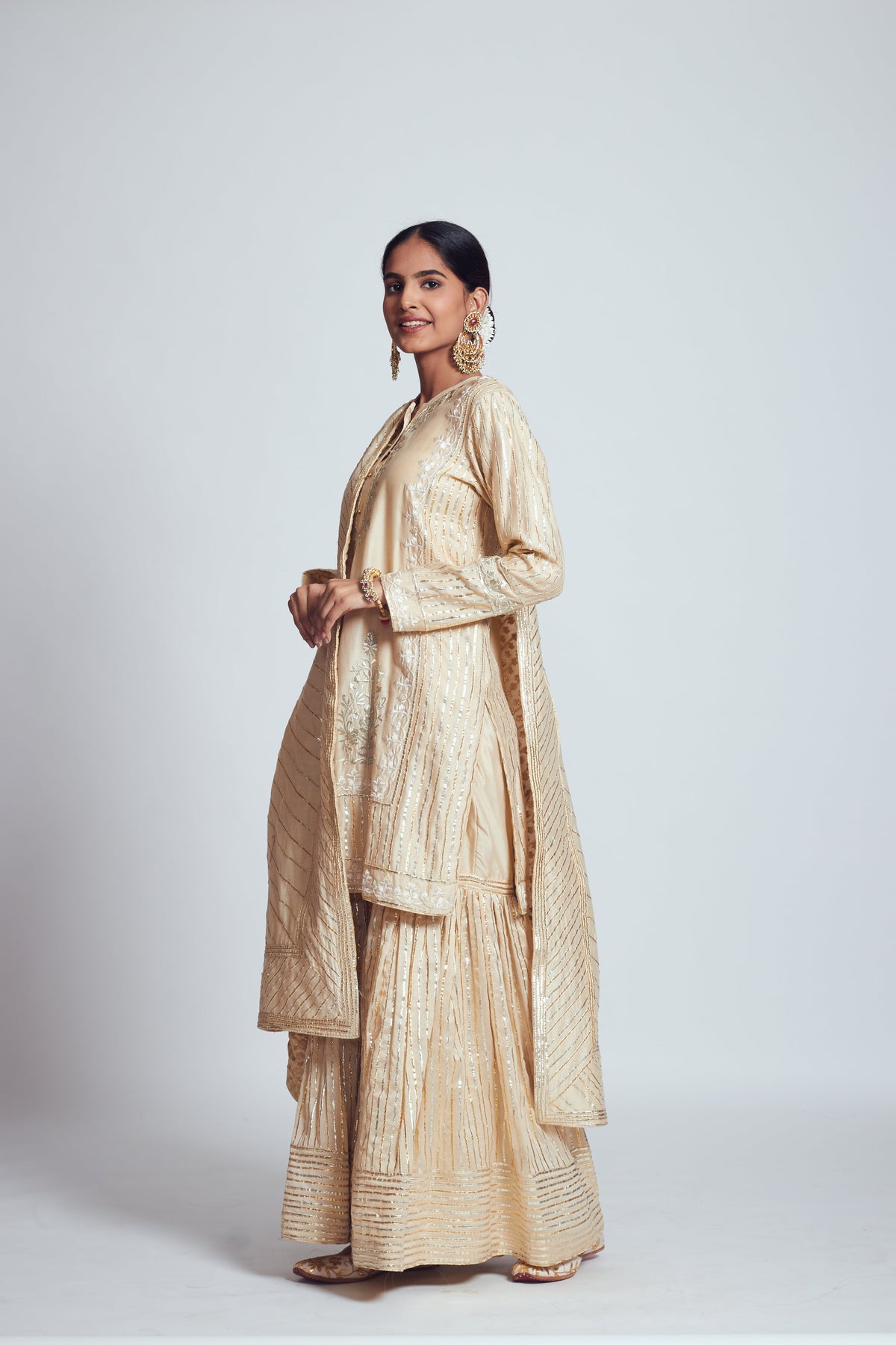 Saima- Soft beige Chanderi silk embroidered ensemble