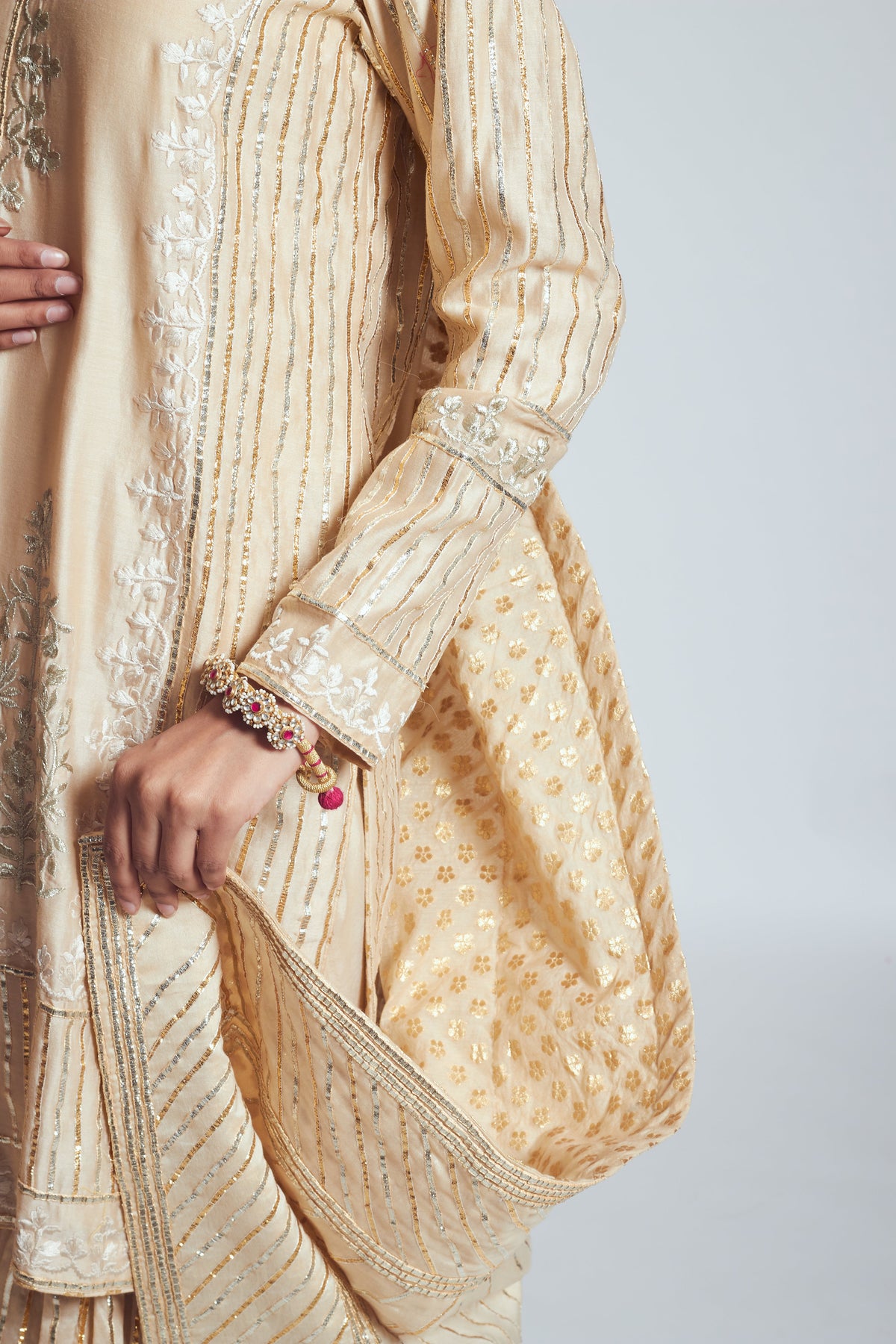 Saima- Soft beige Chanderi silk embroidered ensemble