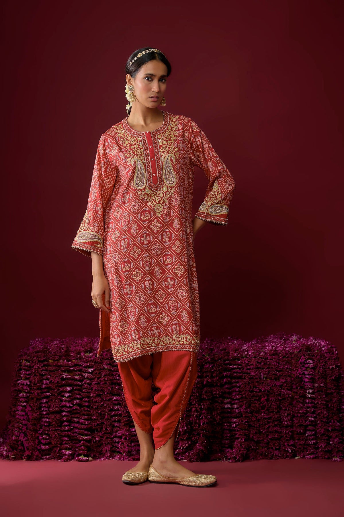 Rafiyah - Deep Red Short Kurta With Dhoti (RTS)