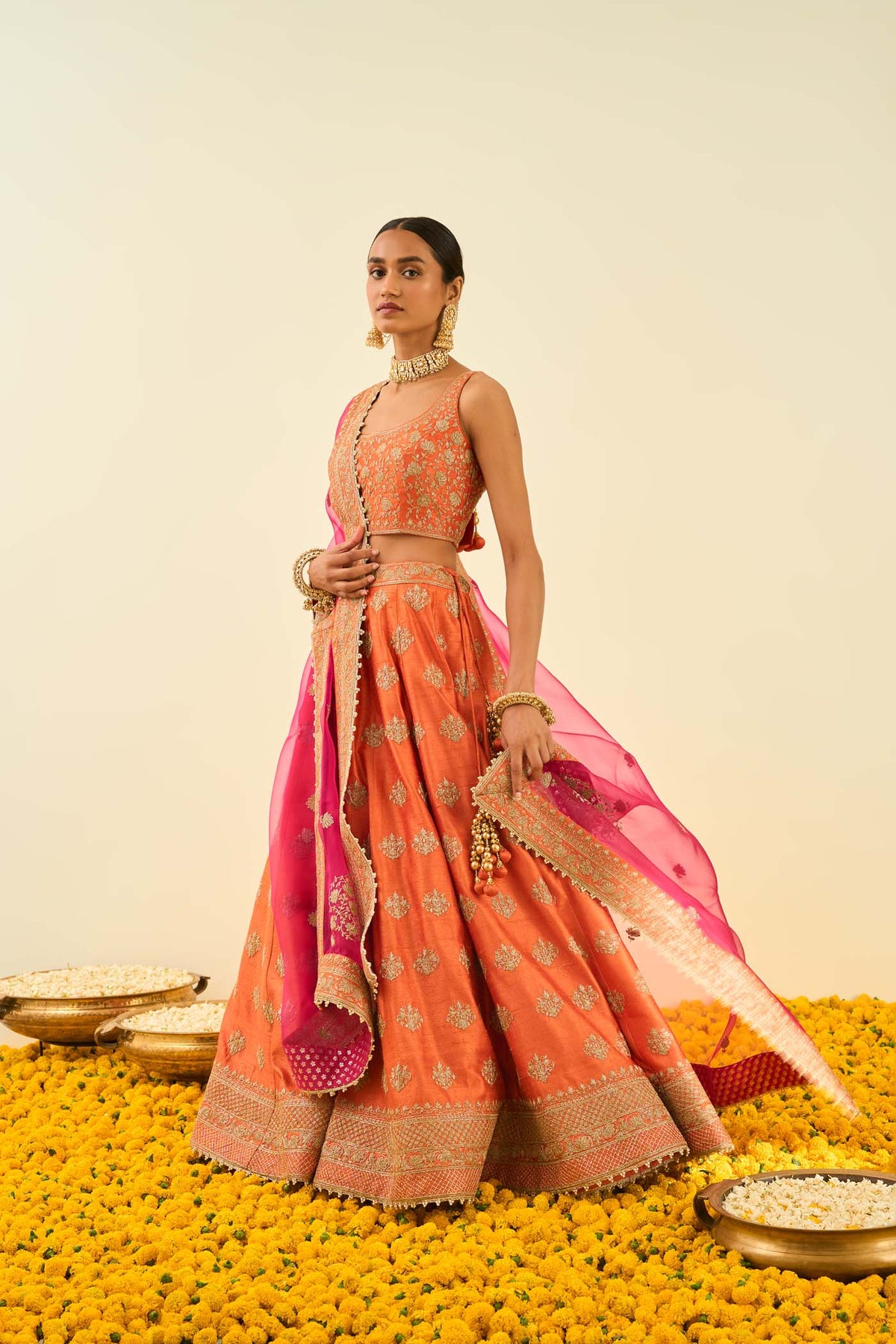 Mahira Burnt Orange Kashmiri tilla lehenga with blouse and dupatta