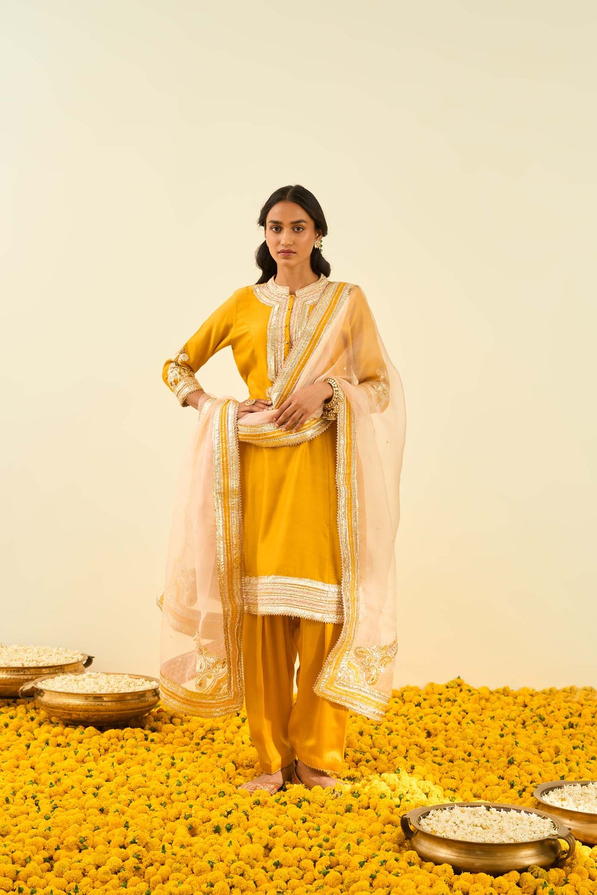 Sadirah- Glaze Mustard Princess Cut Kurta with Salwar and Dupatta