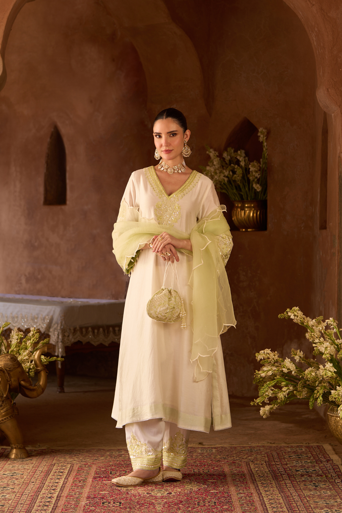 SAHABAT - DAISY IVORY WITH MINT GREEN KAAFTAN WITH SALWAR