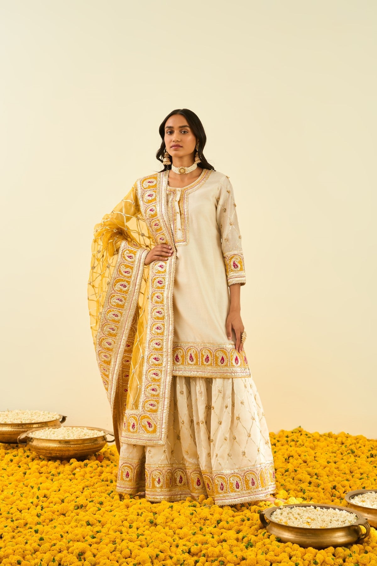 Shabina- Daisy Ivory short kurta with garara and dupatta