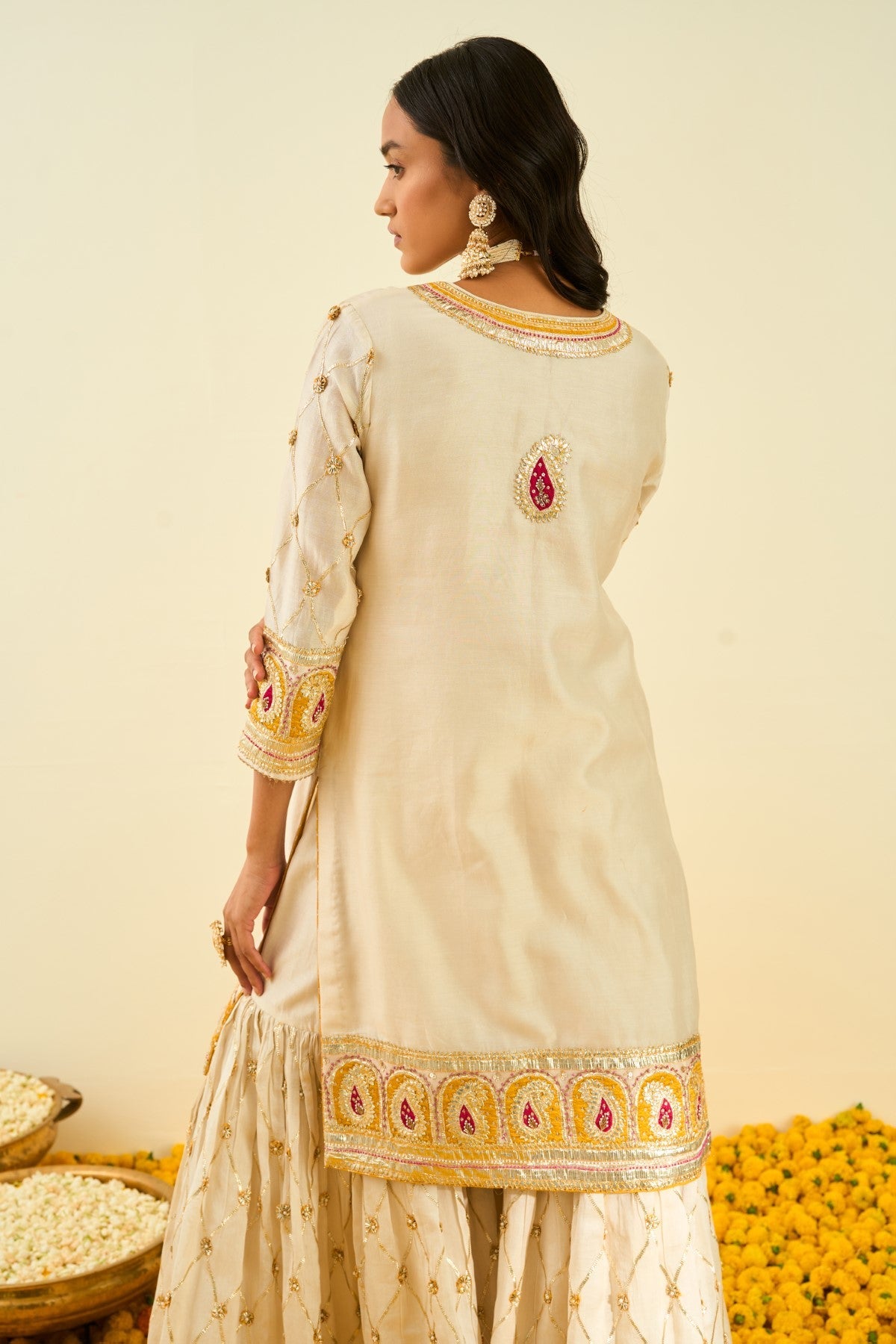 Shabina- Daisy Ivory short kurta with garara and dupatta