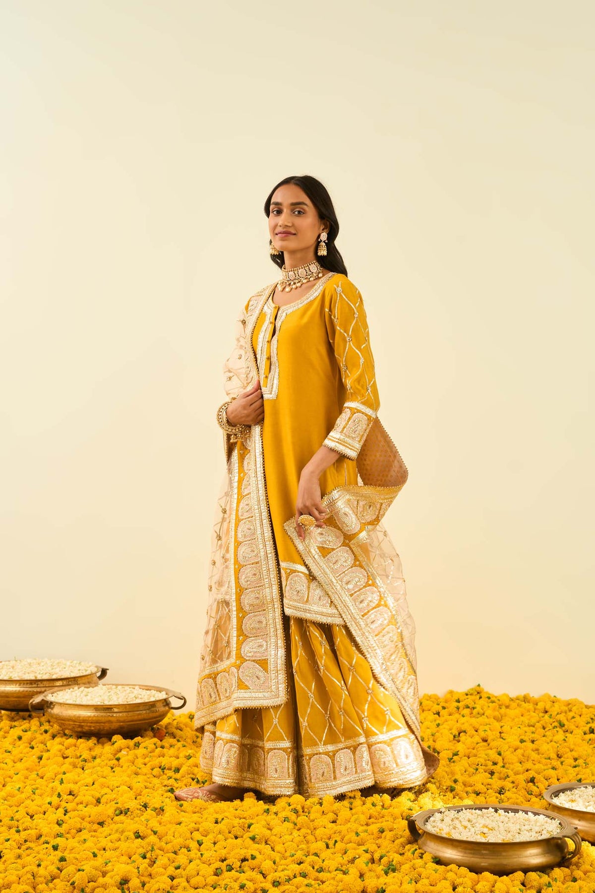 Sukhneet Wadhwa IN Shabina- Glaze Mustard short kurta with garara and dupatta