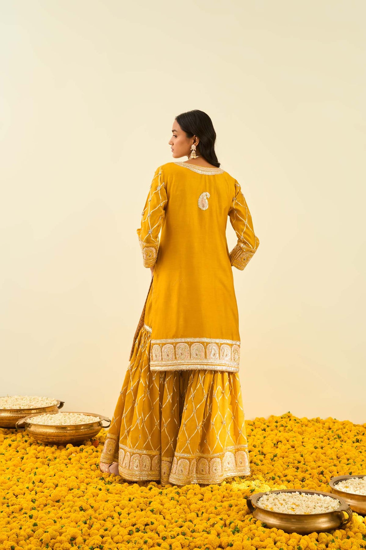 Heena Bhalla IN Shabina- Heirloom Mustard short kurta with garara and dupatta