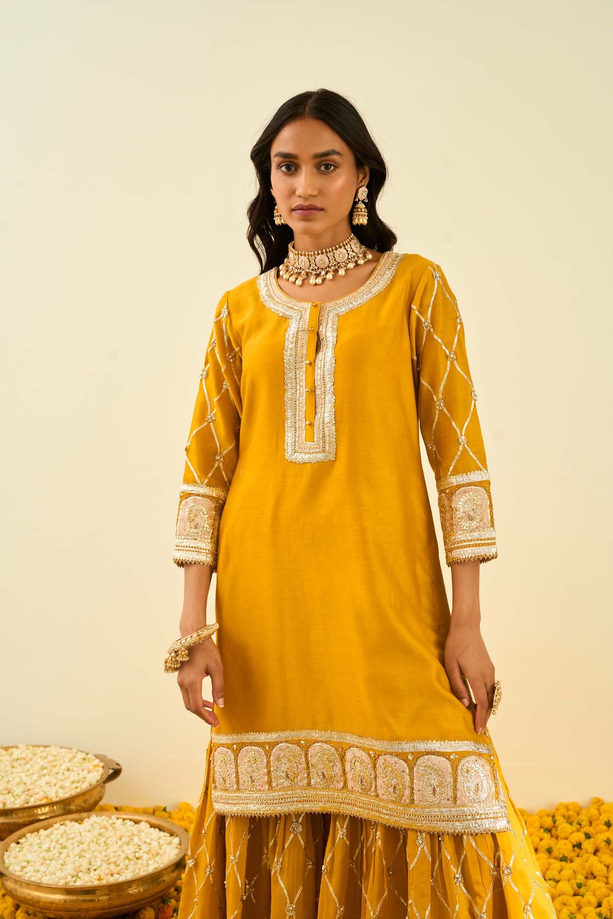 Sukhneet Wadhwa IN Shabina- Glaze Mustard short kurta with garara and dupatta