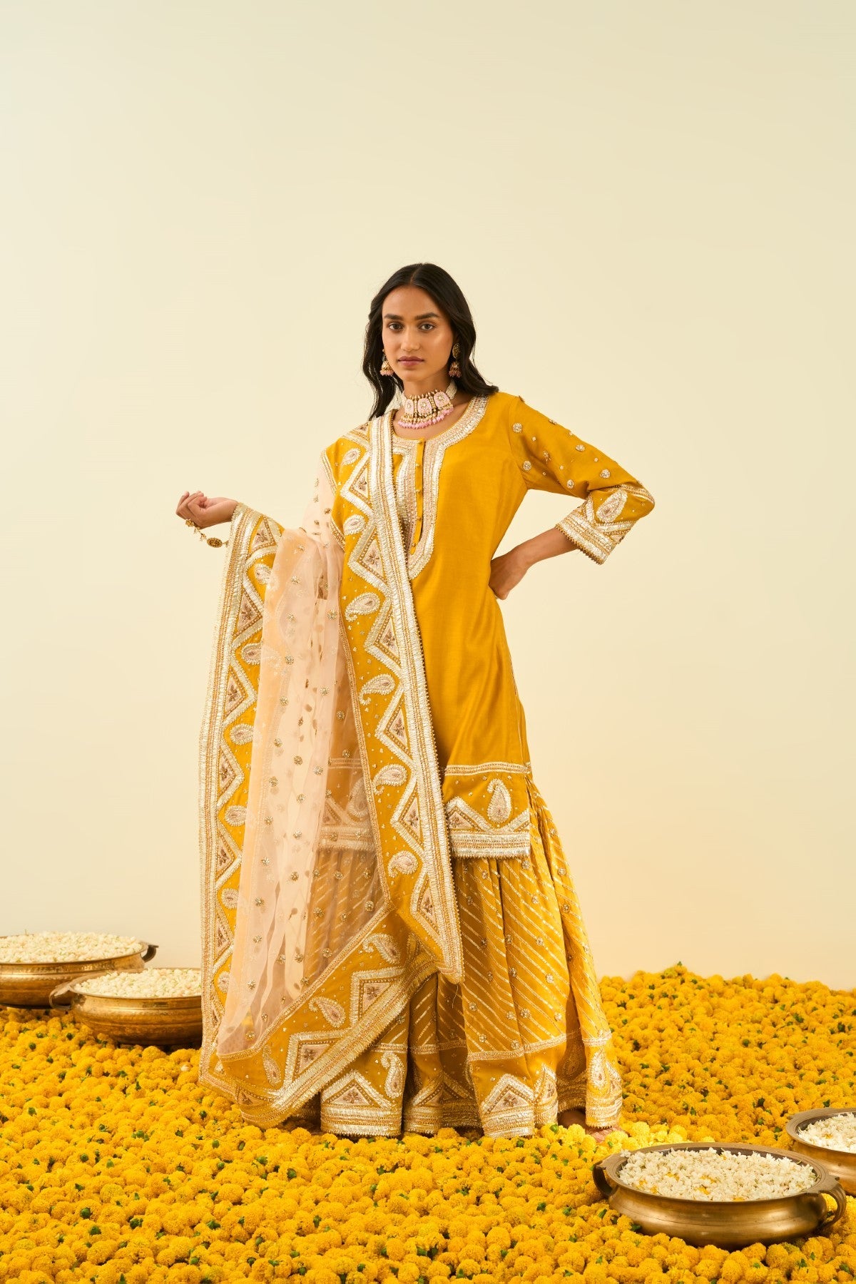 Shafna- Glaze Mustard short kurta with garara and dupatta